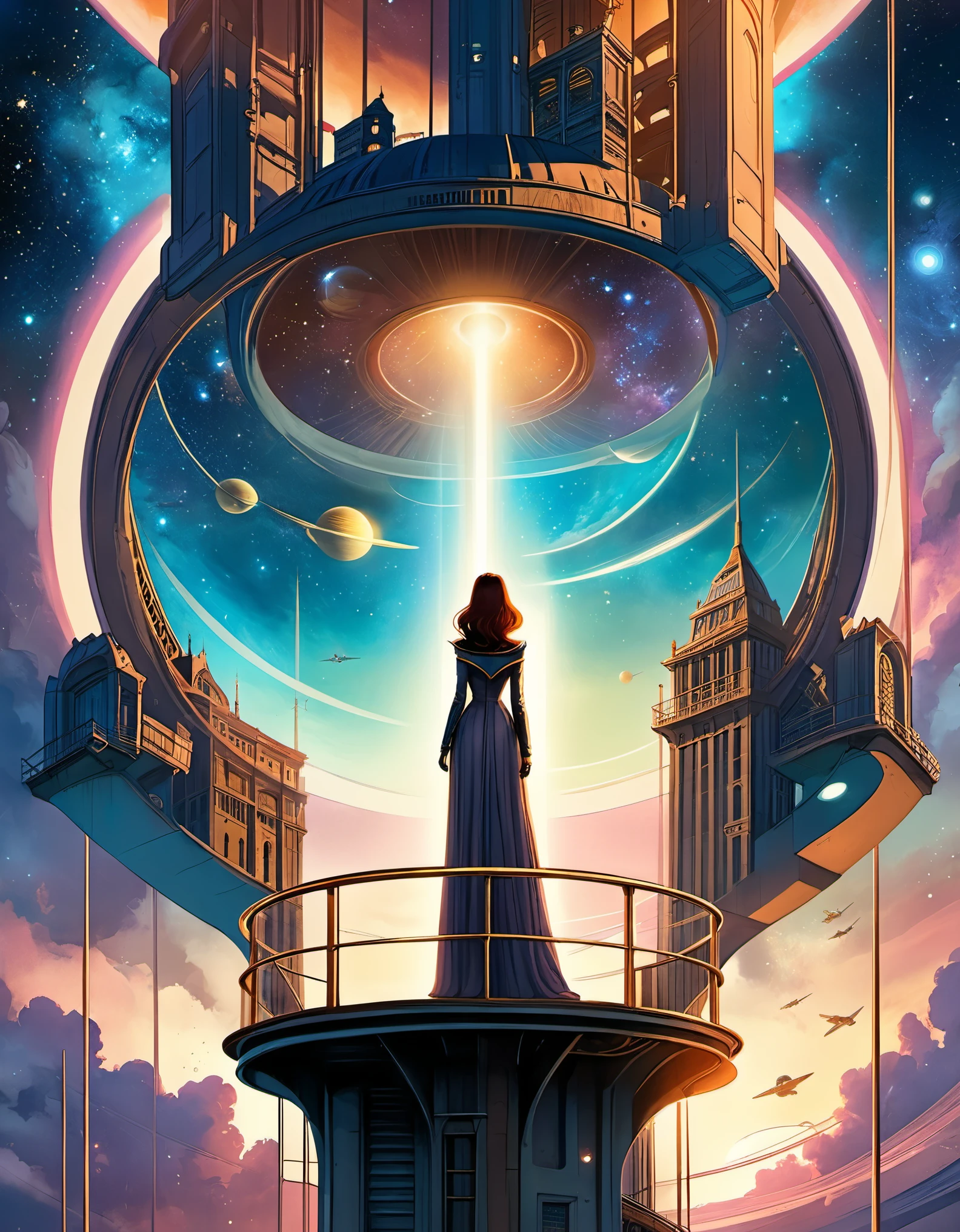 in style of Dan Seagrave, beautiful details，in style of Caia Koopman, beautiful details，Star Observation Tower，Heroine，Ancient，Retro，Cartoon photography combined