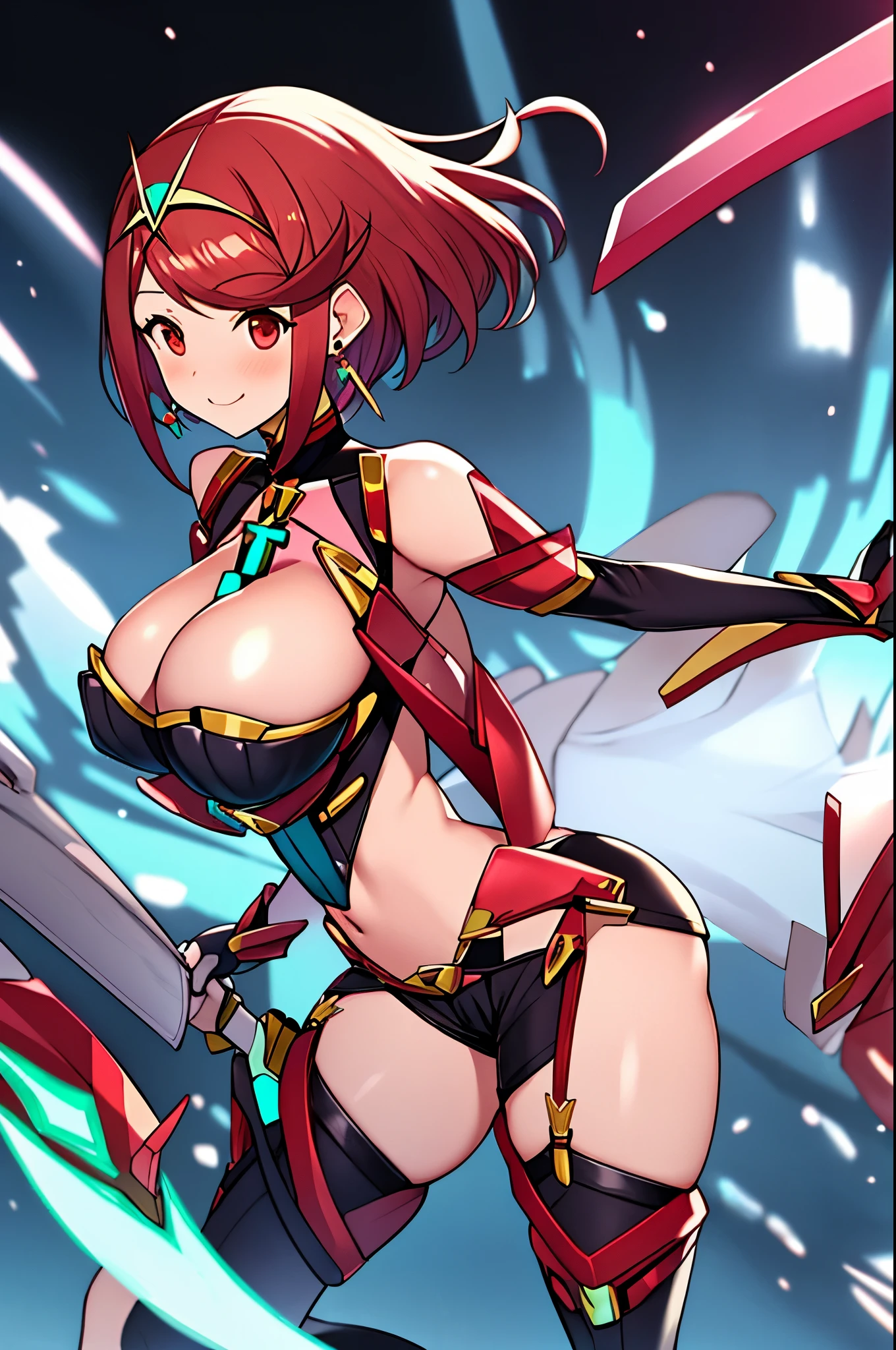 pyra \(xenoblade\), _1girl, , bangs, black gloves, breasts, red eyes, shout, earrings, eyelashes, fingerless gloves, floating hair, , gem, gloves, hair ornament, headpiece, jewelry, big_breasts, leaning back, swimsuit, neon trim, official art, pose, red hair, saitou masatsugu, short_ponytail, sidelocks, skin tight, solo, swept bangs, thighhighs, tiara, fantasy_town_background, underbust, xenoblade chronicles \(series\), (xenoblade chronicles 2), (spread_legs:1.1), fire_effect,dynamic_posing,light_smile, big_ass,huge_sword, hold_large_sword_hilt, covered_nipples, covered_pussy, fists,beautiful_fingers,(solo:1.1), bare_shoulder,(shoulder_naked:1.2), (very_short_shorts:1.3),(lise_leg:1.4)