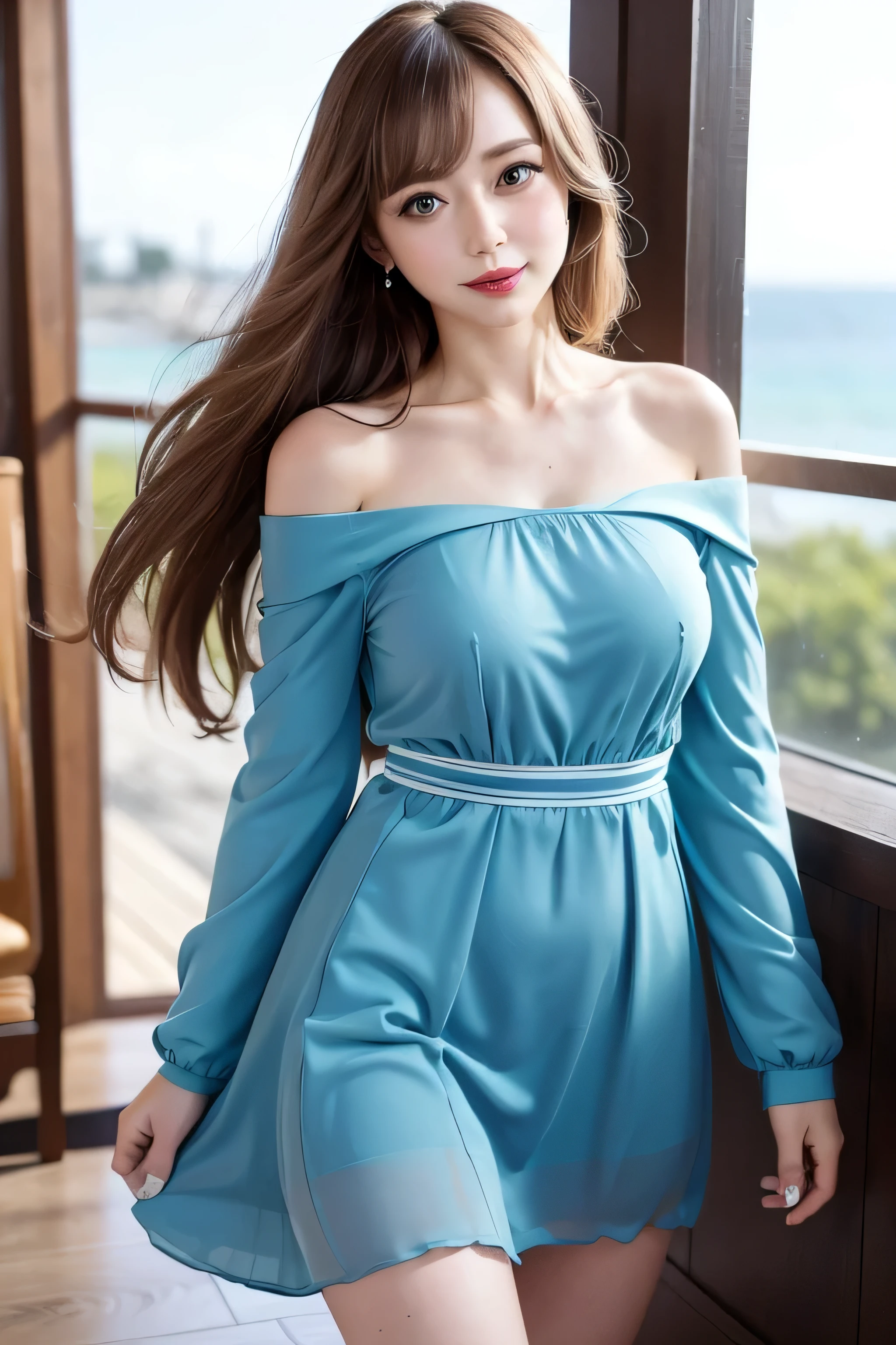 ((highest quality, 8k, RAW photo)), sharp focus: 1.2, (1 Aespa Girl :1.1), alone, (realistic, realistic: 1.37), (face focus: 1.1), cute face, highly detailed face, Brunette's long disheveled hair, big blue eyes、smile, big breasts,nude, (Take off your uniform like an off-the-shoulder chiffon dress, roll up the skirt: 1.3), thigh,Are standing, beach,砂浜にAre standing