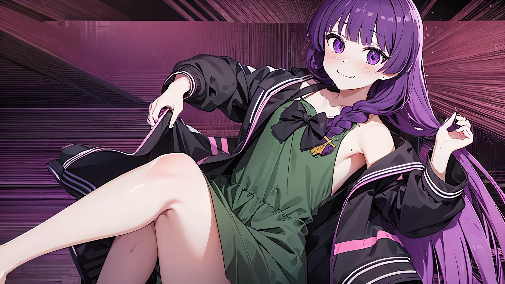 wallpaper, abstract background, psychedelic,  colourful,hiroi_kikuri, long hair, hair over shoulder, blunt bangs, single braid, hair bow, dress, black bow, green dress, jacket, open jacket, open clothes, detailed eyes, crazy eyes, violet eyes, high quality