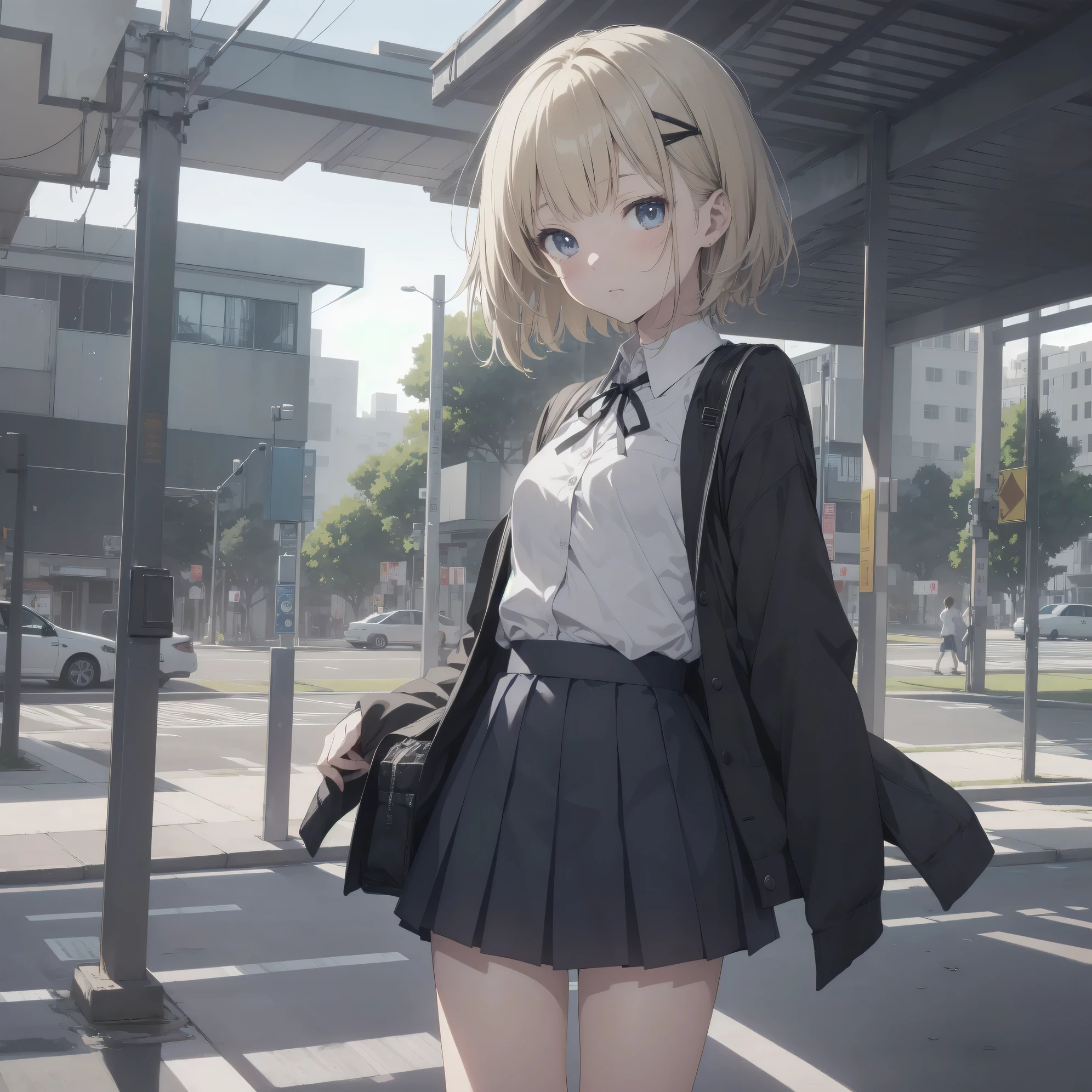 Super absurd quality by the god of art, super detailed, High resolution, anime moe art style, Best Anime 8K Kona-chan Wallpaper, pixiv contest winner, perfect anatomy, break,(眠そうにalone学校へ行く女の子を描いてください. )break,1 girl, (alone,little woman, baby face, 13 years old:1.3),All limbs, full finger,, The charm of an immature body, (very_short hair), Bang, flat chest, small ass, between legs, small black eyes, detailed and beautiful eyes, Well-proportioned iris and pupils, expressive eyes, sleepy eyes, High resolutionの詳細な髪, neck ribbon, shirt, collared shirt, skirt, pleated skirt, school uniform, school bag,(detailed lighting), (detailed background), On the way to school. break,super dense skin, Best cinematic lighting powered by famous artist, 8k,Beauty Illustration,photoshop_(Moderate),Absurd Hi-Res,Hmm,rough skin,break,((artist:Ixy)), artist:Fujichoko,artist:Yamamoto_Soichiro,artist:hanekoto