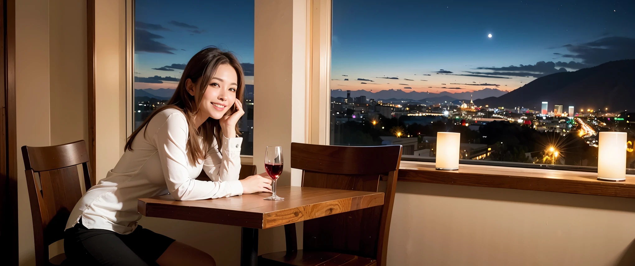 64k, Hmm, highest quality, masterpiece: 1.2), (realistic, photorealistic: 1.37), Spectacular view of the sunset sky and clouds、Amazing mountain views、3 slim beauties, (slim face),Happy、 the best smile、Fox face、Berry Short、(because I'thin), (brown hair), (shortcut), long sleeve shirt、winter fashion、Colombian、Brazilian、Japanese、Dutch、German、Portuguese、Belgian、Italian、French,Champagne、sparkling wine、 (gush out), (slim body), (brown hair), (shortcut), neat beauty、cheeks turn a little red, (35 years old), 38 years old, alone, A beautiful and detailed night view spreads out outside the window...., restaurant, wine glass is sitting, At night, in a prominent place (from the Upper body) nova frog style, actress, model, Upper body, White wine, slim, wine glass, Very beautiful night view, wine glass Put in the Middle, Happy smile, (smile: 1.15),