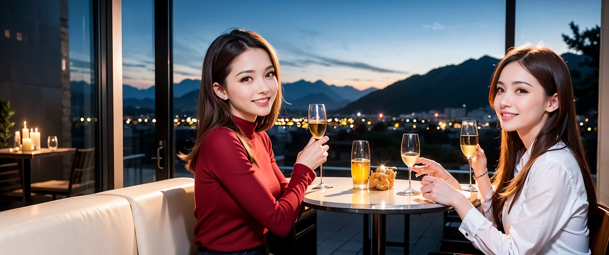 64k, Hmm, highest quality, masterpiece: 1.2), (realistic, photorealistic: 1.37), Spectacular view of the sunset sky and clouds、Amazing mountain views、3 slim beauties, (slim face),Happy、 the best smile、Fox face、Berry Short、(because I&#39;thin), (brown hair), (shortcut), long sleeve shirt、winter fashion、Colombian、Brazilian、Japanese、Dutch、German、Portuguese、Belgian、Italian、French,Champagne、sparkling wine、 (gush out), (slim body), (brown hair), (shortcut), neat beauty、cheeks turn a little red, (35 years old), 38 years old, alone, A beautiful and detailed night view spreads out outside the window...., restaurant, wine glass is sitting, At night, in a prominent place (from the Upper body) nova frog style, actress, model, Upper body, White wine, slim, wine glass, Very beautiful night view, wine glass Put in the Middle, Happy smile, (smile: 1.15), 