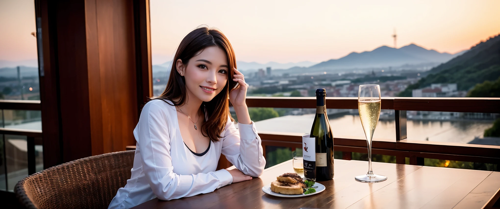 64k, Hmm, highest quality, masterpiece: 1.2), (realistic, photorealistic: 1.37), Spectacular view of the sunset sky and clouds、Amazing mountain views、3 slim beauties, (slim face),Happy、 the best smile、Fox face、Berry Short、(because I&#39;thin), (brown hair), (shortcut), long sleeve shirt、winter fashion、Colombian、Brazilian、Japanese、Dutch、German、Portuguese、Belgian、Italian、French,Champagne、sparkling wine、 (gush out), (slim body), (brown hair), (shortcut), neat beauty、cheeks turn a little red, (35 years old), 38 years old, alone, A beautiful and detailed night view spreads out outside the window...., restaurant, wine glass is sitting, At night, in a prominent place (from the Upper body) nova frog style, actress, model, Upper body, White wine, slim, wine glass, Very beautiful night view, wine glass Put in the Middle, Happy smile, (smile: 1.15), 