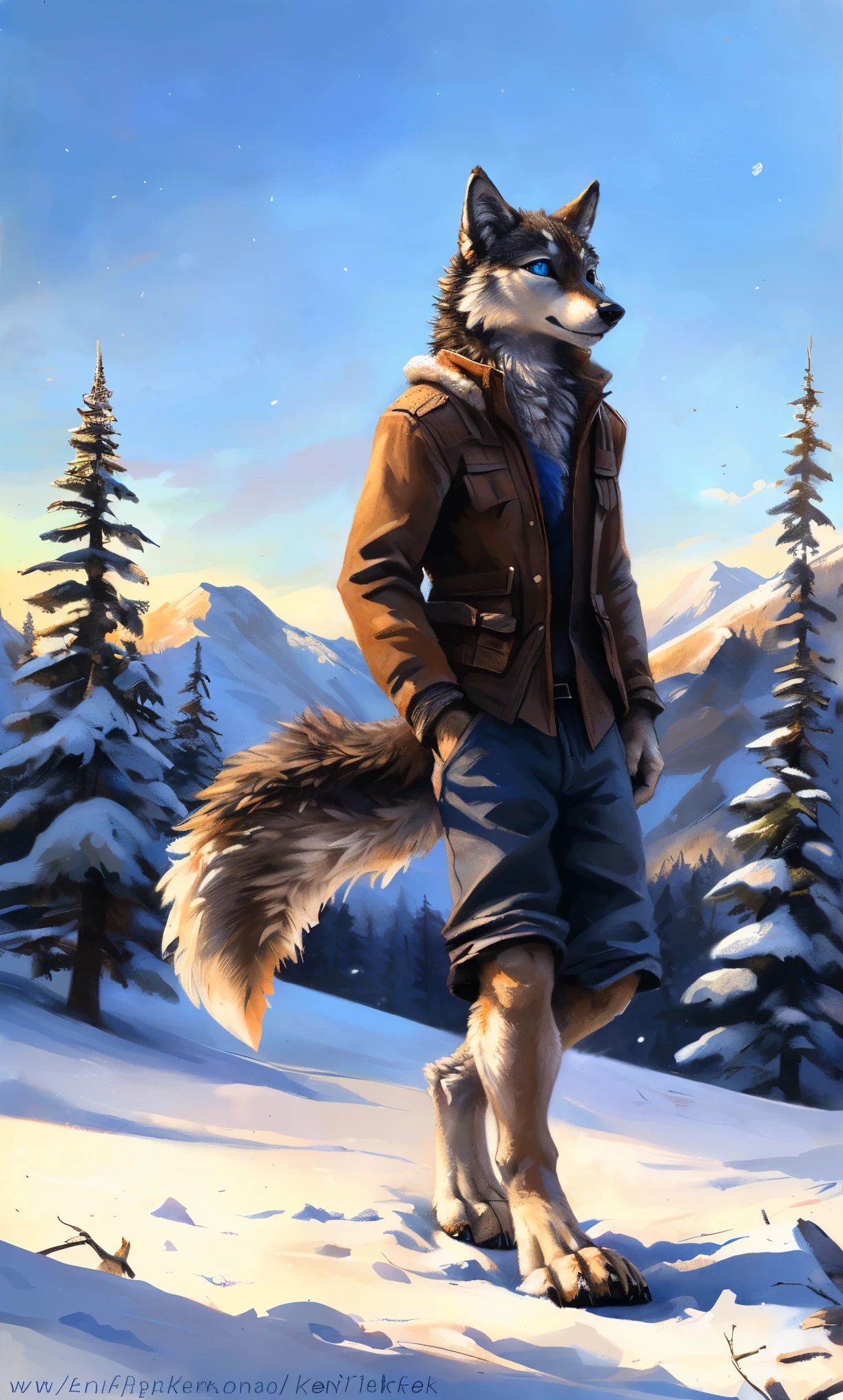((Solo)), male people, anthro wolf, (Multi-colored fur, White-brown:1.3,White tail pointed), (Height 2.1m,Tail length 1.2m), ((Wolf face, Big eyes, White eyelids, Blue pupil, Slim:1.2) (Tough, Calm expression:1.2)), Slim, pinging)), (Correct anatomy), (Winter clothing:1.1), The upper body naked, (detailed outfits),A long big tail,Feet,(Realistic fur, Detailed fur texture, labeled:1.3)), (Natural lighting), Photorealistic, Hyperrealistic, ultradetailed, by Kenket,Snowfield,erect through,Running on
