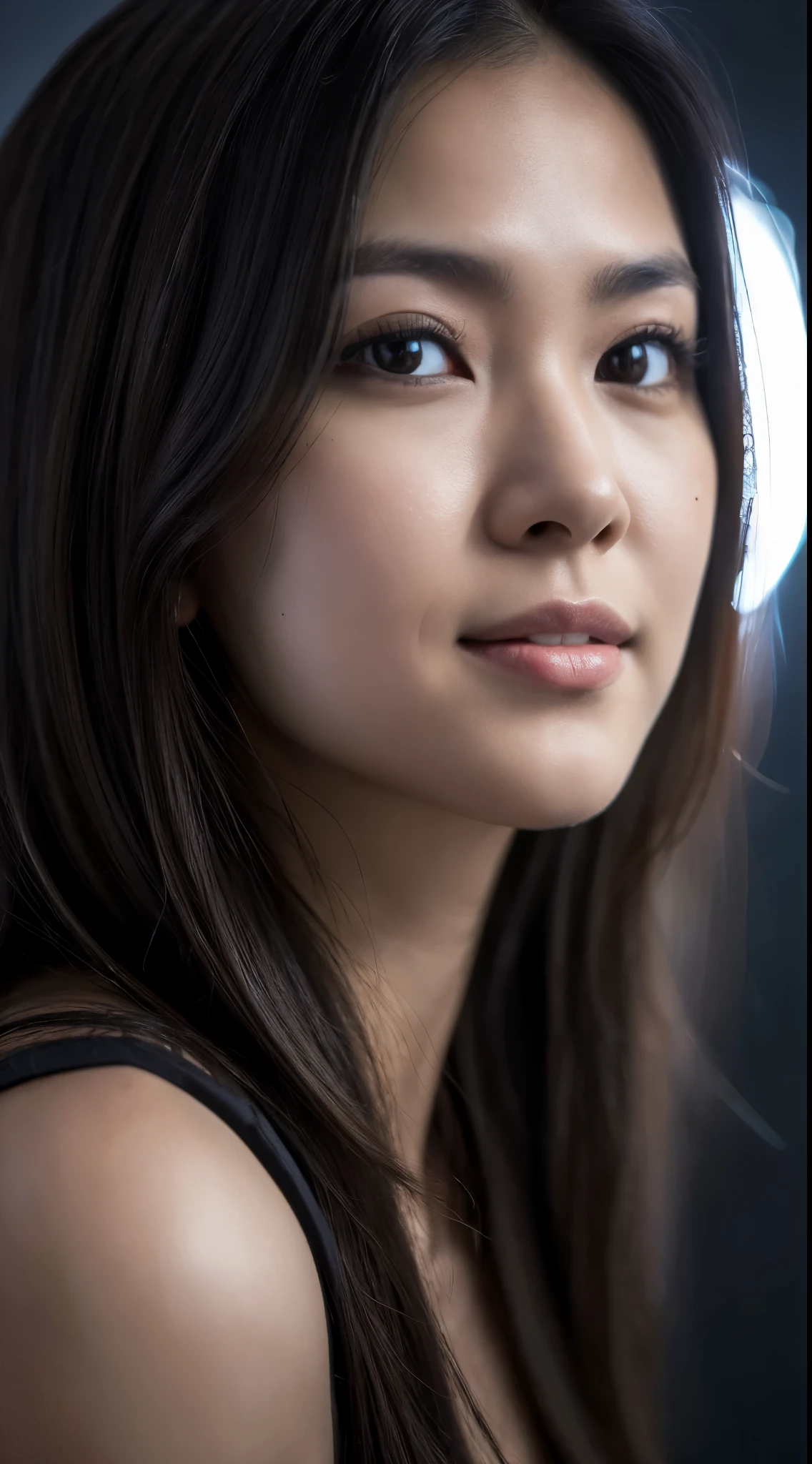 highest quality, epic realistic, ((in the pitch black darkness :1.4)), ((portrait:1.5)),(background: dark ) high contrast ,glorious picture, lowest lux, lighting face, she's comfortable, dark plain shirt, looks incredible, (8k, Raw photo, Highest quality),(epic realistic:1.5), a woman, face,(detailed eyes:0.8),(looking at the camera:1.4), (Highest quality), ( high contrast, deep shadows),Intricate details,cinematic,((skin:1.4)), (long dark hair:1.3), long hair, messy ,(Hdr:1.5),Detailed, colors, Superior quality, ( starry sky: 1.4), Masterpiece, Raw Photo (20-year-old, looking at viewer), beautiful, (wearing dark shirt,), perfect, natural, perfect composition, portrait, perfect face, smiling expression, Captivating eyes, Bright details, Tight lips, (High Skin Detail),, (blue tint: 0.6), (sale: 0.8), (bloody: 0.7), Key lighting , (backlight: 0.5), Medium depth of field, Canon 5d, 50mm lens, f/4 apertures, (Ultra-detailed, Complex detail), sharp focus, soft colors, 8k, Absurd, 80mm, dark background, photography, smiling, pinay, filipina, medium tits