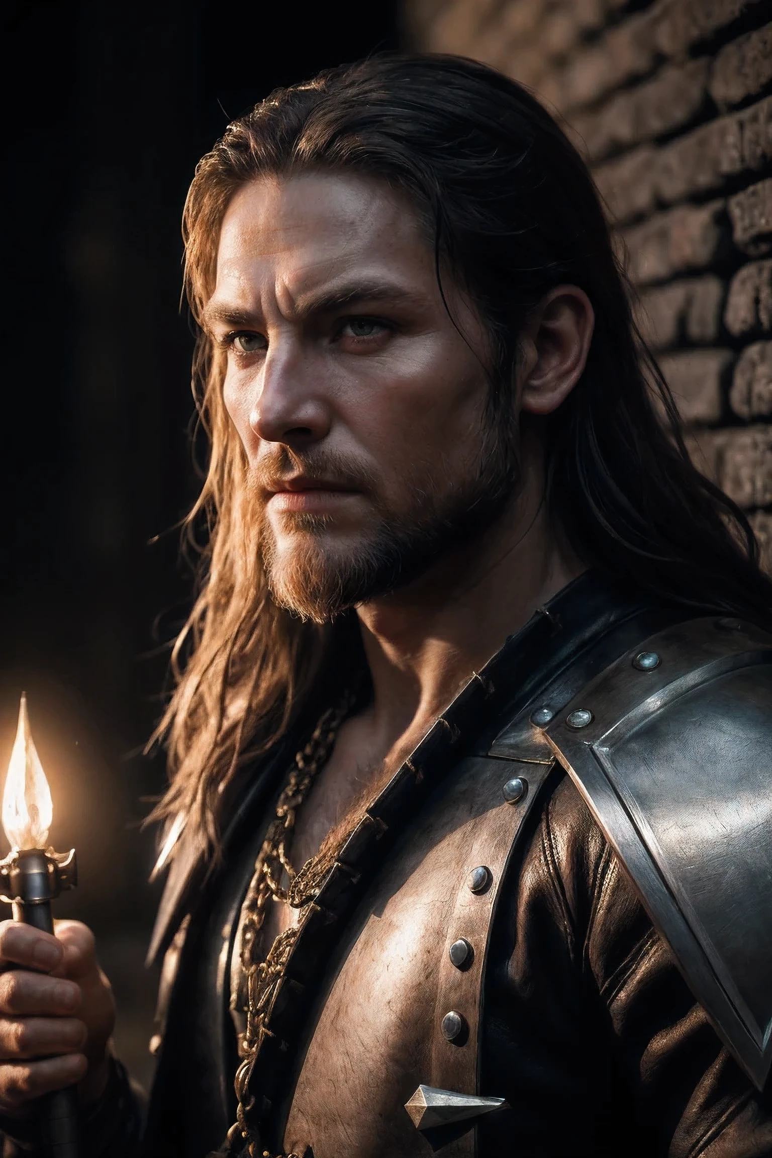 (best quality:1.3), Film shooting, masterpiece, (sharp focus:1.5), (lifelike:1.3), medium portrait (An old viking warrior looks tired，But still proud and ferocious, Now he is the mayor of the village, Wearing exquisite chain and leather armor, There are several torches burning on the wall, Give the scene a dark atmosphere，But the shape has a sharp contrast between light and dark), night, (highly refined skin), (Detailed face), Detailed background, dark light, twilight lighting, Volumetric lighting, intricate details, ultra high definition,