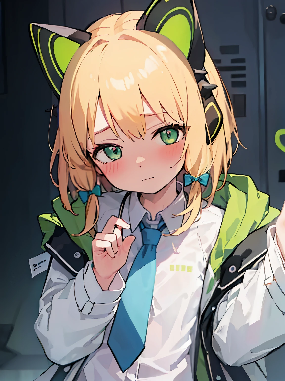 highest quality, masterpiece, High resolution, alone, headphones, animal_ears, blonde_hair, Counterfeit_animal_ears, animal_ear_headphones, green_eye, in c_ear_headphones, bow, Hello, 前hair, blush, hair_bow, short_hair, 1 girl,tie, School_uniform,