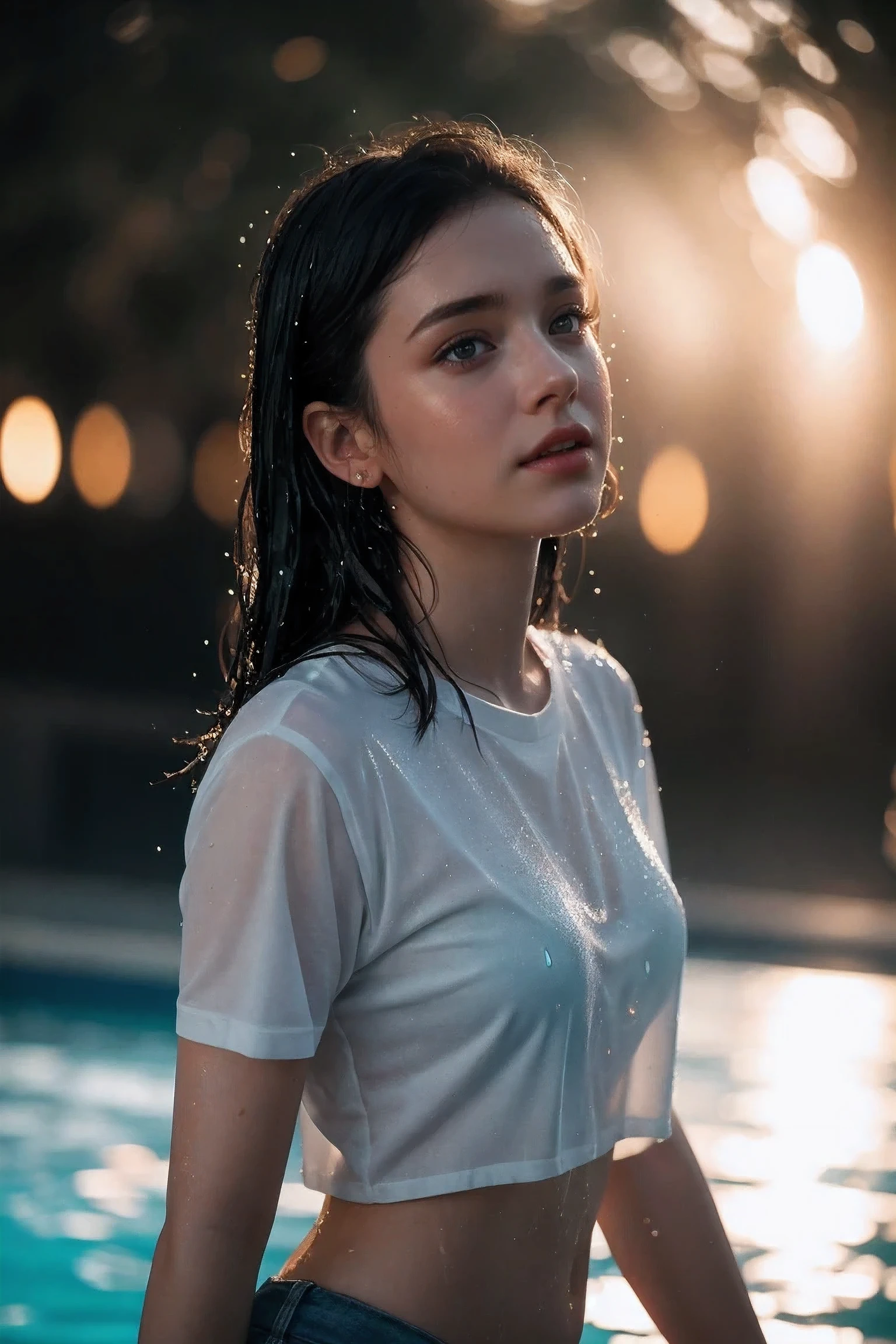 Movie stills 1girl wet drop T-shirt, Splash details, Surreal dramatic light and shadow (commend, simulation), Brandon Wolfel (Brandon Woelfel) Ryan McKinley (Ryan McGinley) Shot on Kodak film, vignette, High budget, Bokeh, Cinemascope, moody, epic, Gorgeous, film grain, grainy