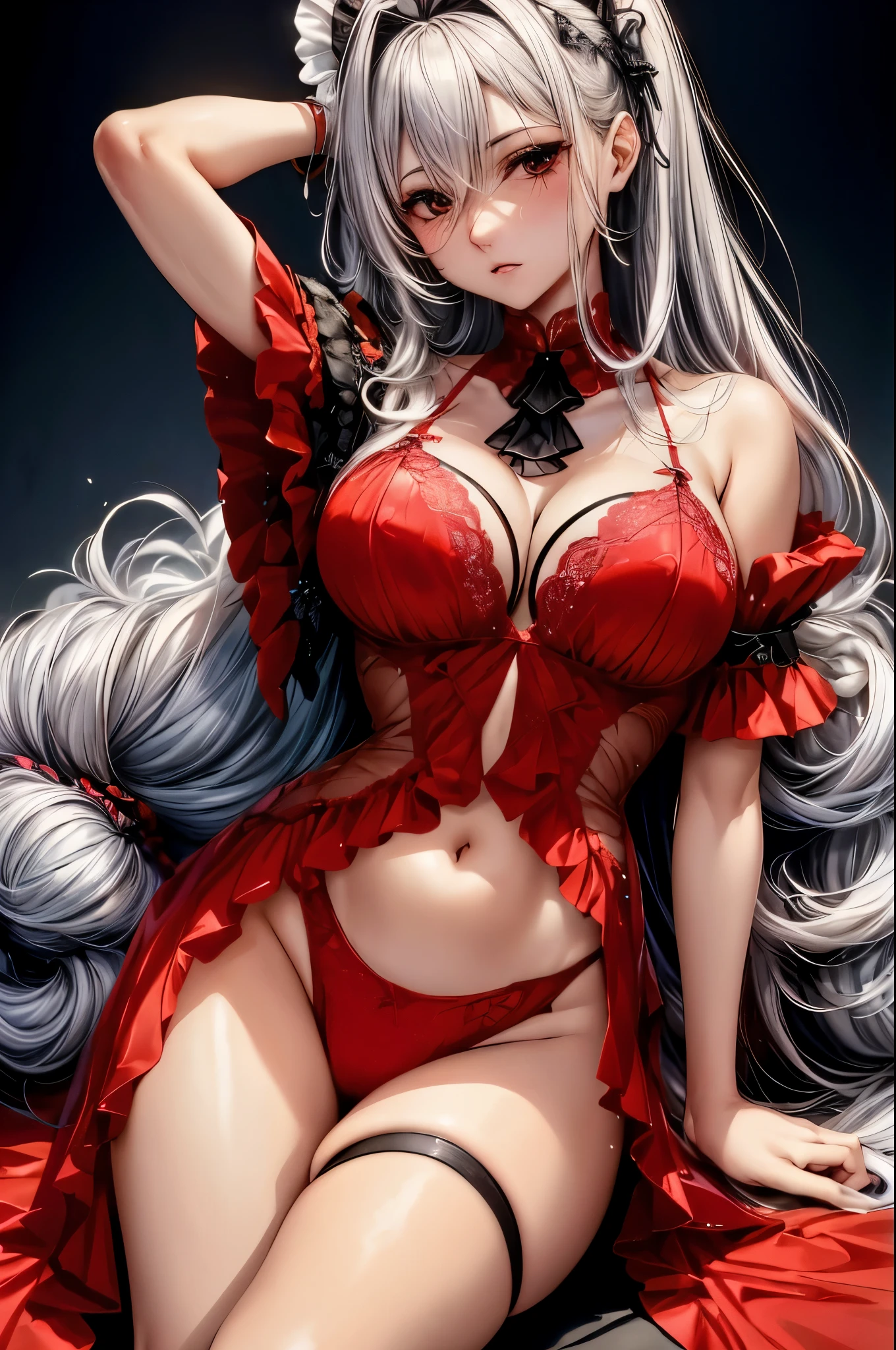 (top quality、masterpiece、very high resolution、super high quality、High quality pixels)、perfect eyes, perfect face, alone，alone, 8k, big breasts，(Detailed description of hair), (Detailed description of face),(detailed description of body), Fair and translucent skin, Gorgeous, long legs, facing the audience, Professional photography lighting, red lingerie, silver hair, (red eyeball: 1.2), maid hair band