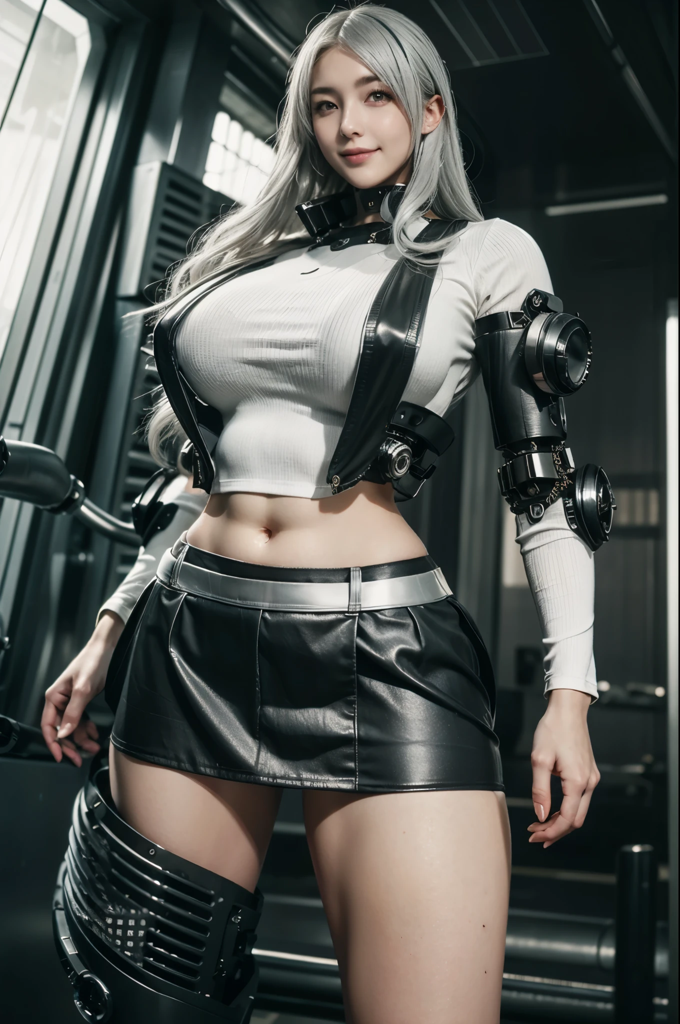 Highest image quality, excellent details, Ultra-high resolution, (Realism: 1.4), ((close up:0.75)), One woman is so condensed, With a beautiful and delicate face, perfectly proportions, Targeting your audience, Small breasts), White hair, (High-tech suits that expose a lot of skin), (If you compare a cyborg to a police uniform,,, Black and gray mechs, military harness, holding a machine gun), Simple gray wall on background,