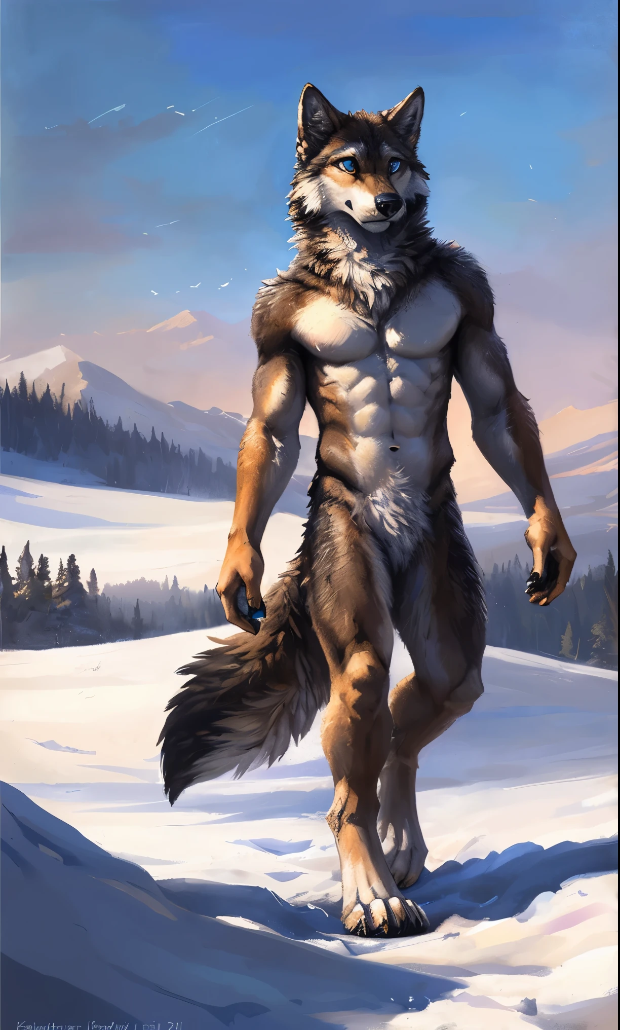 ((Solo)), male people, anthro wolf, (Multi-colored fur, White-brown:1.3，White tail pointed), (Height 2.1m,Tail length 1.5m), ((Wolf face, Big eyes, White eyelids, Blue pupil, Slim:1.2) (Tough, Calm expression:1.2)), Abs, Slim, pinging)), (Correct anatomy), Naked all over the body,A long big tail，Feet，(Realistic fur, Detailed fur texture, labeled:1.3)), (Natural lighting), Photorealistic, Hyperrealistic, ultradetailed, by Kenket，Snowfield，No artifacts, Walking