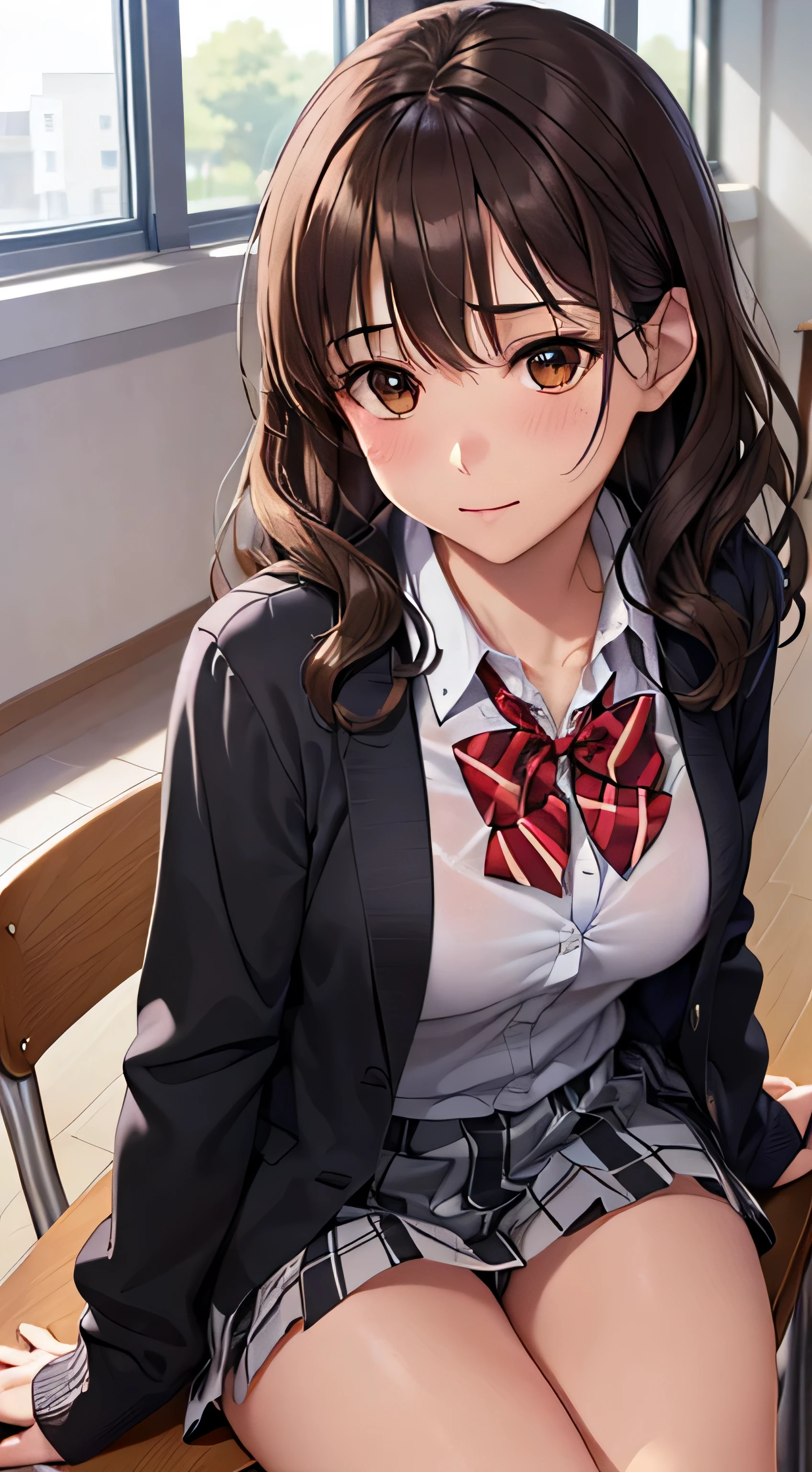 (table top, highest quality, High resolution, , perfect pixel, 4k,), 1 girl, single, alone, Beautiful woman、I could see the whole body、 ((wavy middle hair, bangs, brown hair)), ((brown eyes, beautiful eyelashes, realistic eyes)), ((detailed face, blush:1.2)), ((smooth texture:0.75, realistic texture:0.65, realistic:1.1, Anime CG style)), medium breasts, dynamic angle, perfect body, ((red bow tie, school uniform, black jacket, open jacket,cardigan, white shirt, black skirt, shirt unbuttoned、plaid skirt)), upper grade、shy smile、school classroom、evening、sit at desk、(open both legs wide、Twisting the skirt with both hands、、white floral lace panties)、