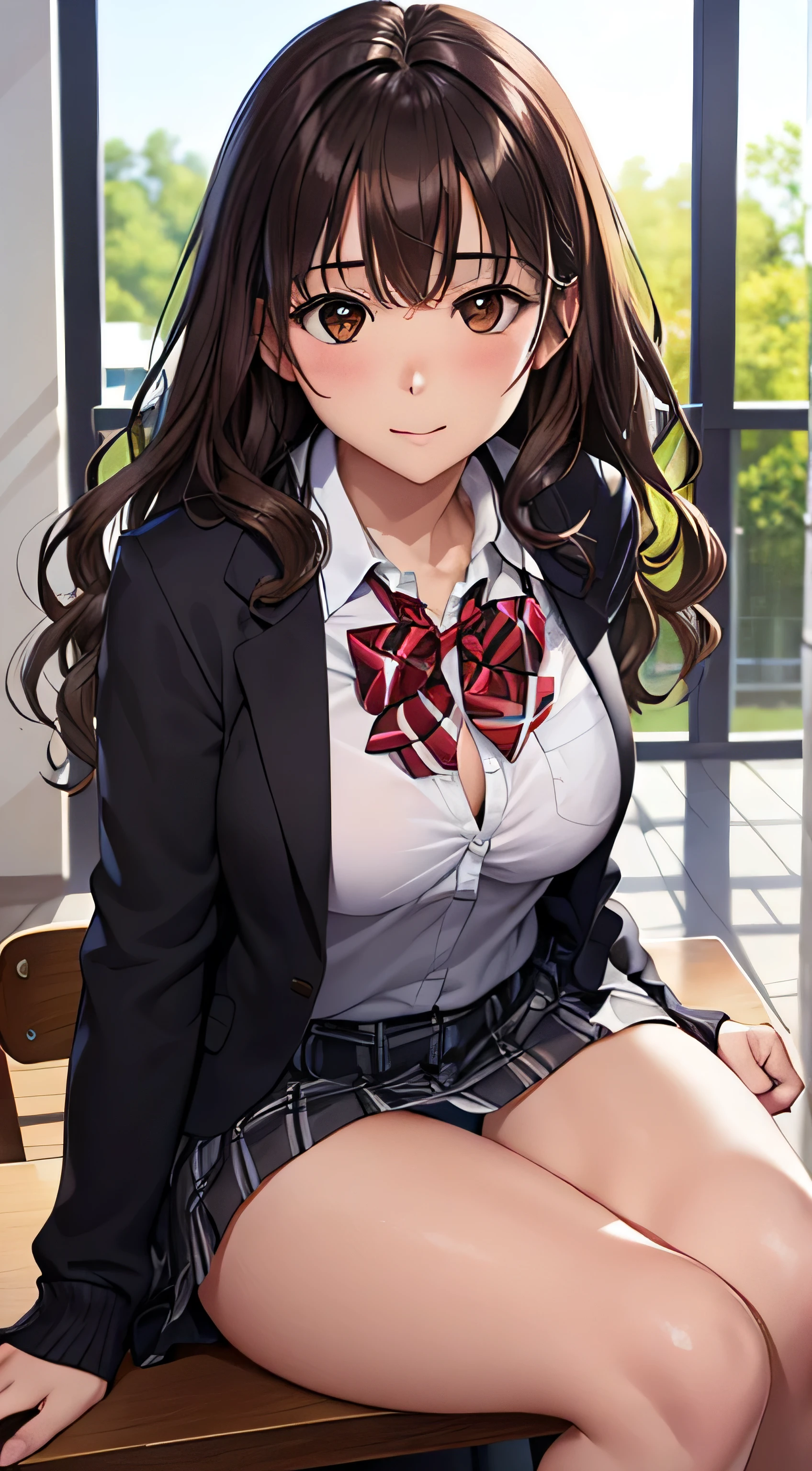 (table top, highest quality, High resolution, , perfect pixel, 4k,), 1 girl, single, alone, Beautiful woman、I could see the whole body、 ((wavy middle hair, bangs, brown hair)), ((brown eyes, beautiful eyelashes, realistic eyes)), ((detailed face, blush:1.2)), ((smooth texture:0.75, realistic texture:0.65, realistic:1.1, Anime CG style)), medium breasts, dynamic angle, perfect body, ((red bow tie, school uniform, black jacket, open jacket,cardigan, white shirt, black skirt, shirt unbuttoned、plaid skirt)), upper grade、shy smile、school classroom、evening、sit at desk、(open both legs wide、Twisting the skirt with both hands、、white floral lace panties)、