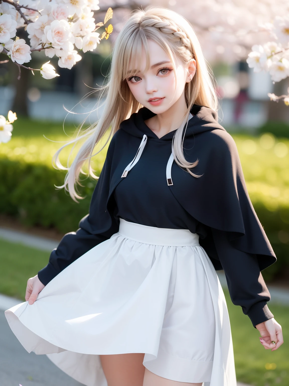 blurry, blurry_foreground, depth_of_field, petals, butterfly, bug, cherry_blossoms, blurry_background, blue_butterfly, motion_blur, flower, elaina_(majo_no_tabitabi), 1girl, open_mouth, long_hair, pink_flower, braid, falling_petals, white_shirt, smile, skirt, shirt, white_flower, tree, outdoors, ahoge, looking_at_viewer, hair_between_eyes, spring_(season), day, solo, holding, branch, bangs, blue_sky, eyebrows_visible_through_hair, :d, silver_hair, hood, cape