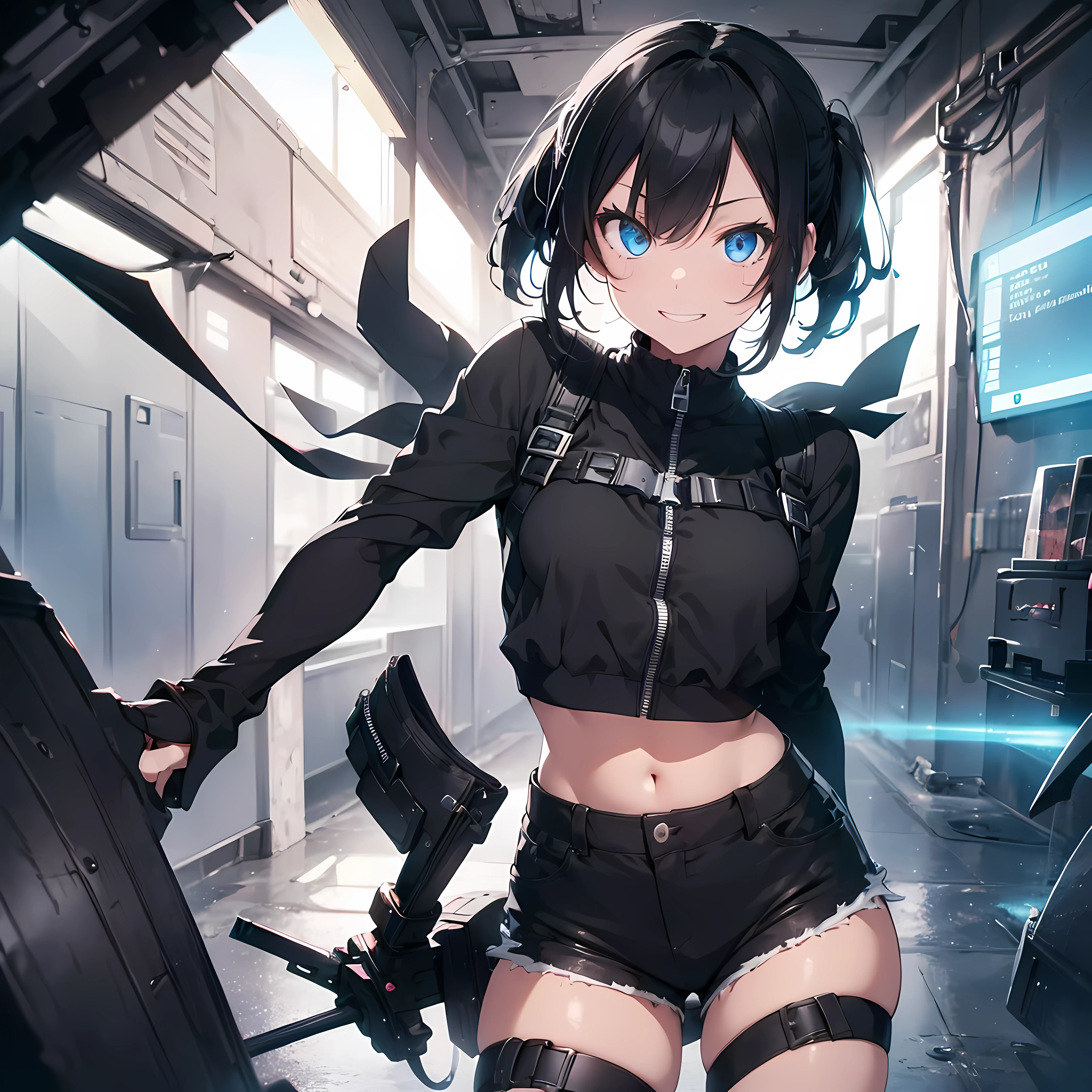 girl ,girl 12 year old , mechanical face ,angry face , futuristic , punk rock style clothes, chess mini-skirt ,flat chest , short black hair frinje ,(loli body), mechanic-headband, red leds , light halo, quality, 8k , Cyborg arms. Mechanical Limbs Metal, Mechanical legs .Power cablles conected in machine. Circuitos ,palco .
