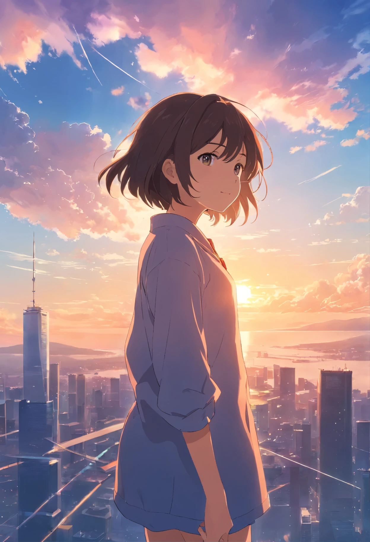 masterpiece, highest quality, movie stills, 1 girl, AI,Cloud Girl, floating in the sky, close, bright, Happy, warm and soft lighting, sunset, (spark:0.7),