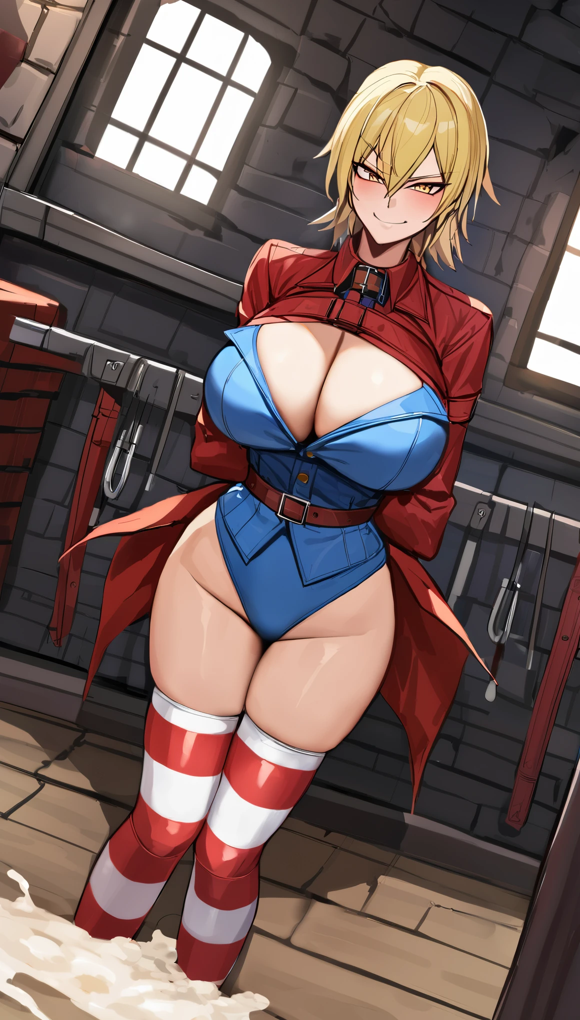 Hellsing ultimate, 1girl, front view, gigantic tits, blue jumpsuit, jumpsuit, d, striped thighhighs, red thighhighs, dutch angle, best quality, amazing quality, very aesthetic, absurdres, blonde hair, seras victoria, hellsing, seras, arms behind back, smug, indoors, solo, solo focus,  BDSM dungeon room, BDSM dungeon, dungeon room, BDSM equipment, sex dungeon, cum, doused in cum, choking on cum, drowninng in cum 