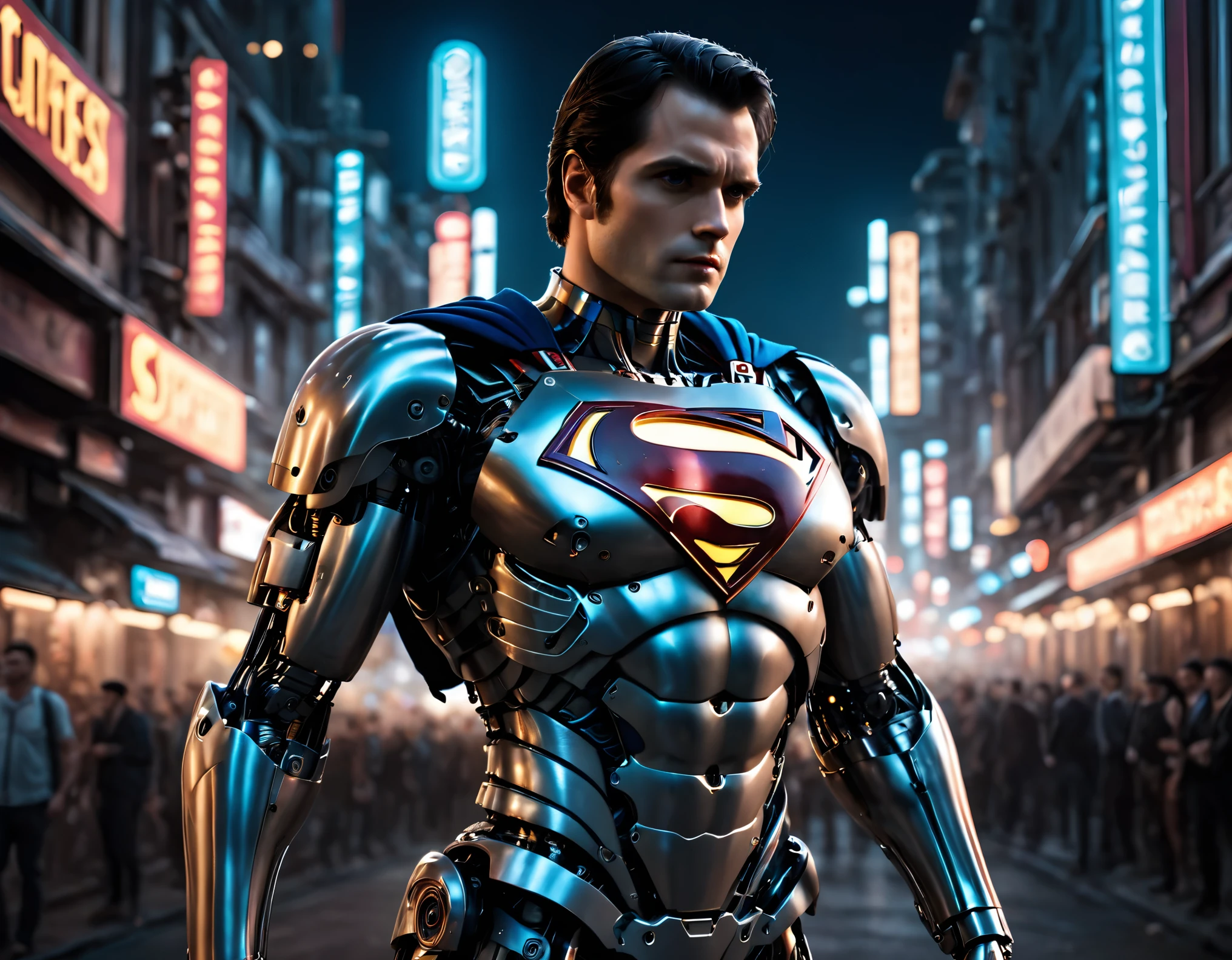 realistic photo, masterpiece, cinematic, Superman as a mechanical robot, visible mechanical parts in superman's body, half robot and half human body, steampunk mechanicla parts, Henry Cavill's face, slightly flowing cape, he stand in a crowd of people who surrounded him and want to pay him tribute,  The environment is the street of the futuristic city of Night City, It is night but the light from various neon advertisements illuminates the street and the people as if it were day, RAW photo, film grain, 8k, depth of field, cowboy shot