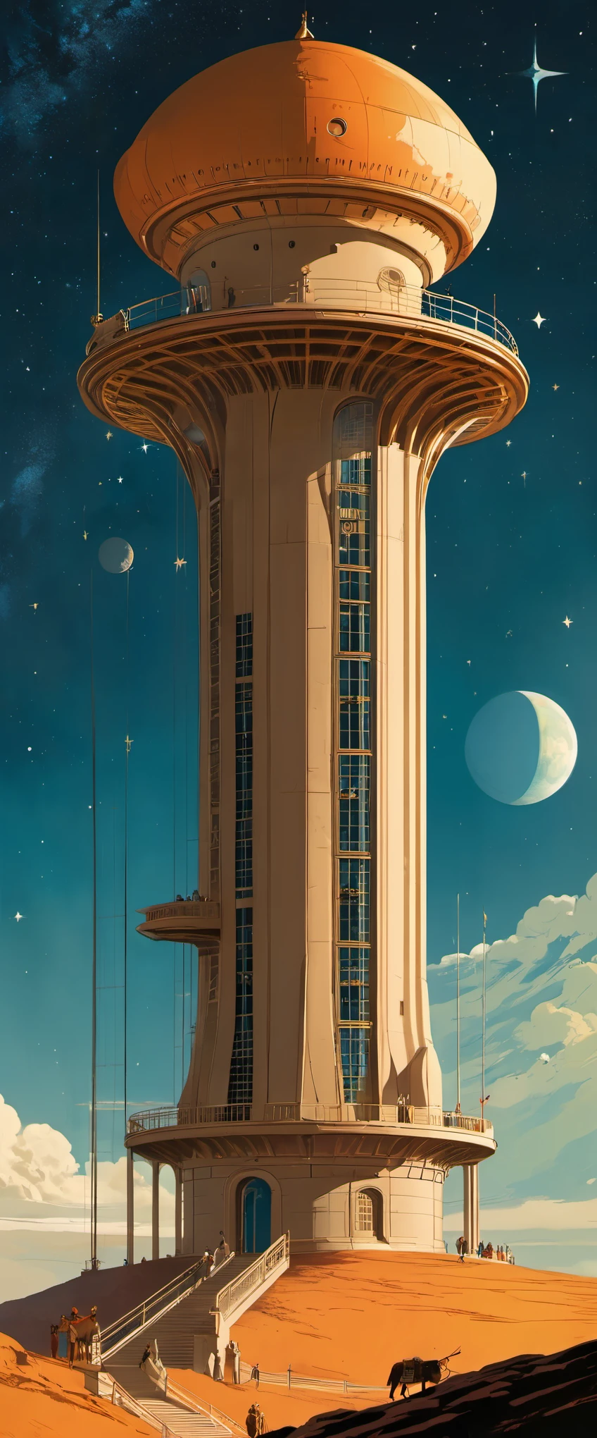 in style of Dan McPharlin, beautiful details,Star Observation Tower,Heroine,Ancient,
