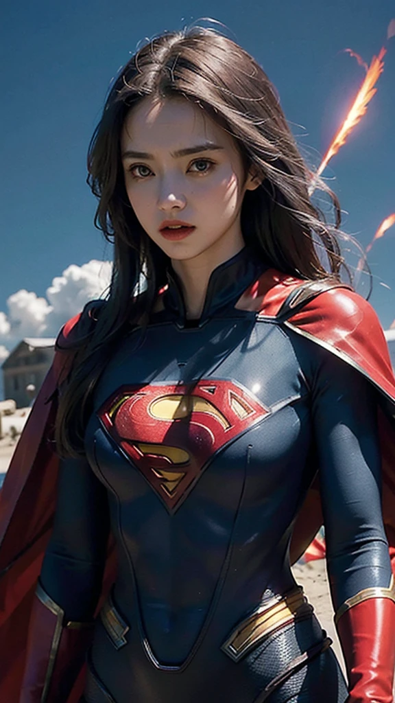 Woman wearing detailed SuperMan costume with full sleeves covering the entire body, serious face, (flying in sky), vivid colors, dramatic lighting, red cape, cinematic costume, carbon fiber detailed suit,