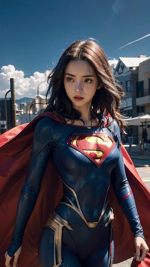 Woman wearing detailed SuperMan costume with full sleeves covering the entire body, serious face, (flying in sky), vivid colors, dramatic lighting, red cape, cinematic costume, carbon fiber detailed suit,