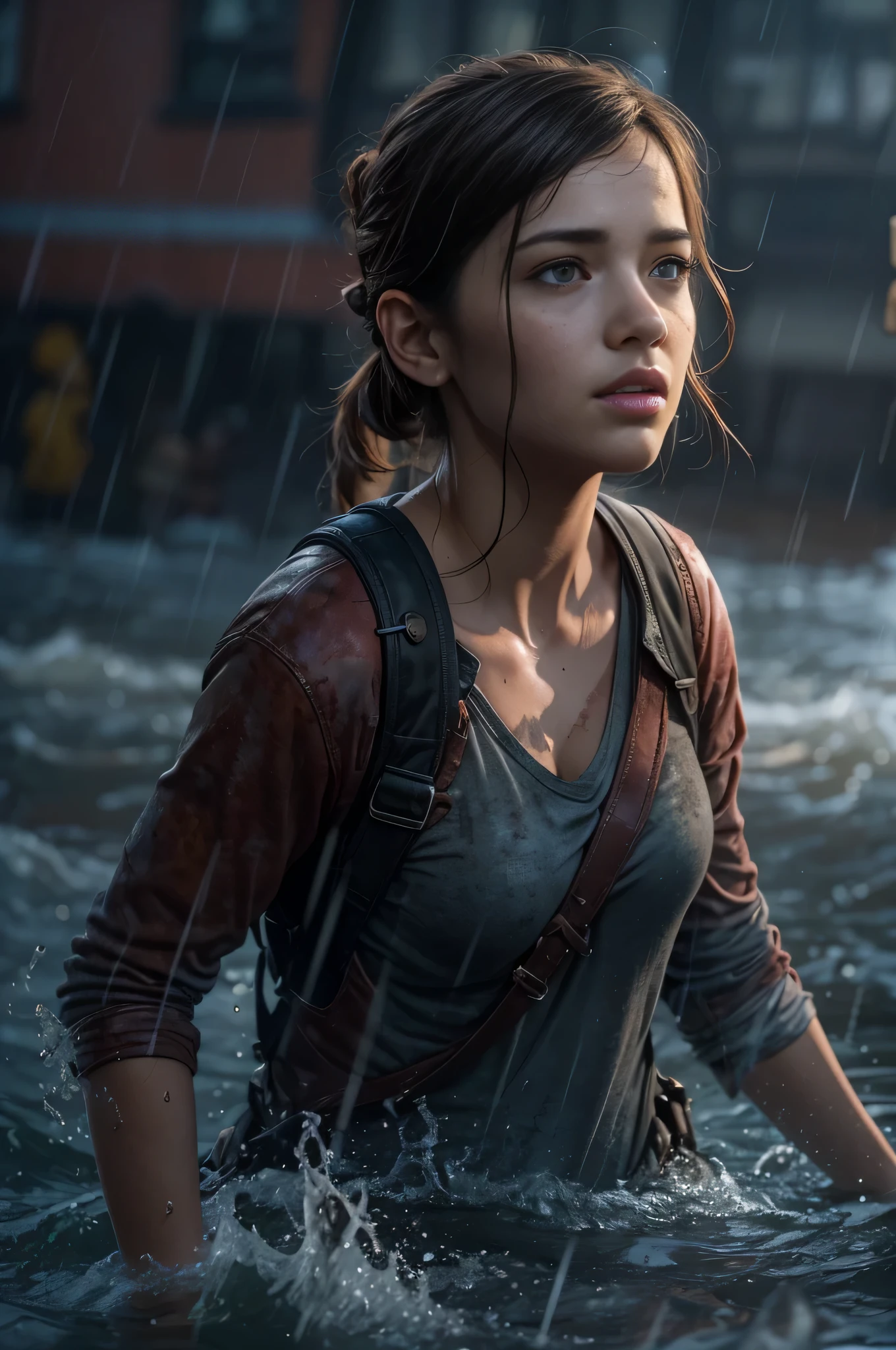 (Ellie the last of us 2), a Masterpiece half body shot, an american dark brown 18 years old girl running in the water, blue eyes, slender slim body, very small breasts, pale skin, wet body, very detailed face, freckles on face, escaping, frightened, running away, dynamic pose, in an overflooded manhattan street at night, the last of us 2 background, apocalyptic environment, the last of us 2 vibes, thunderstorm, lightnings, wind, waves, catastrophic lightning, Ultra realistic photography, UHD, 8k, sharp photography, wide angle