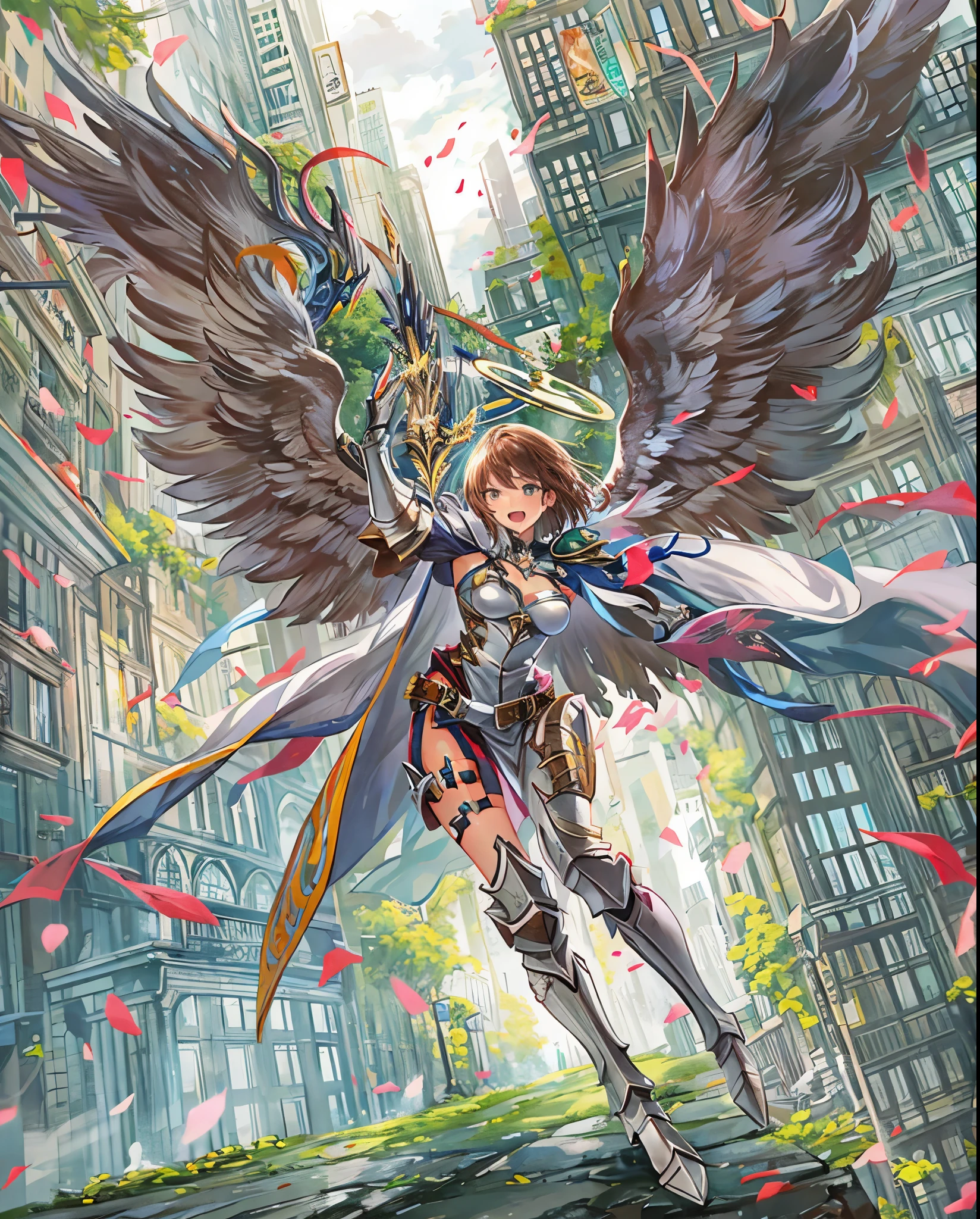 fantasy, 1angel_girl,, ,brown_hair, medium_bob_hair, long_bangs, halo,bare_shoulder,thighhighs,silver_armor, waist_armor, large_breasts,angry,grinning,open_mouth_teeth, 1pair_wings, dynamic_pose_fighting,floating, bare_crotch, headgear,gauntlet, greaves,city_background,slightly_spread_legs, solo, groin_naked,