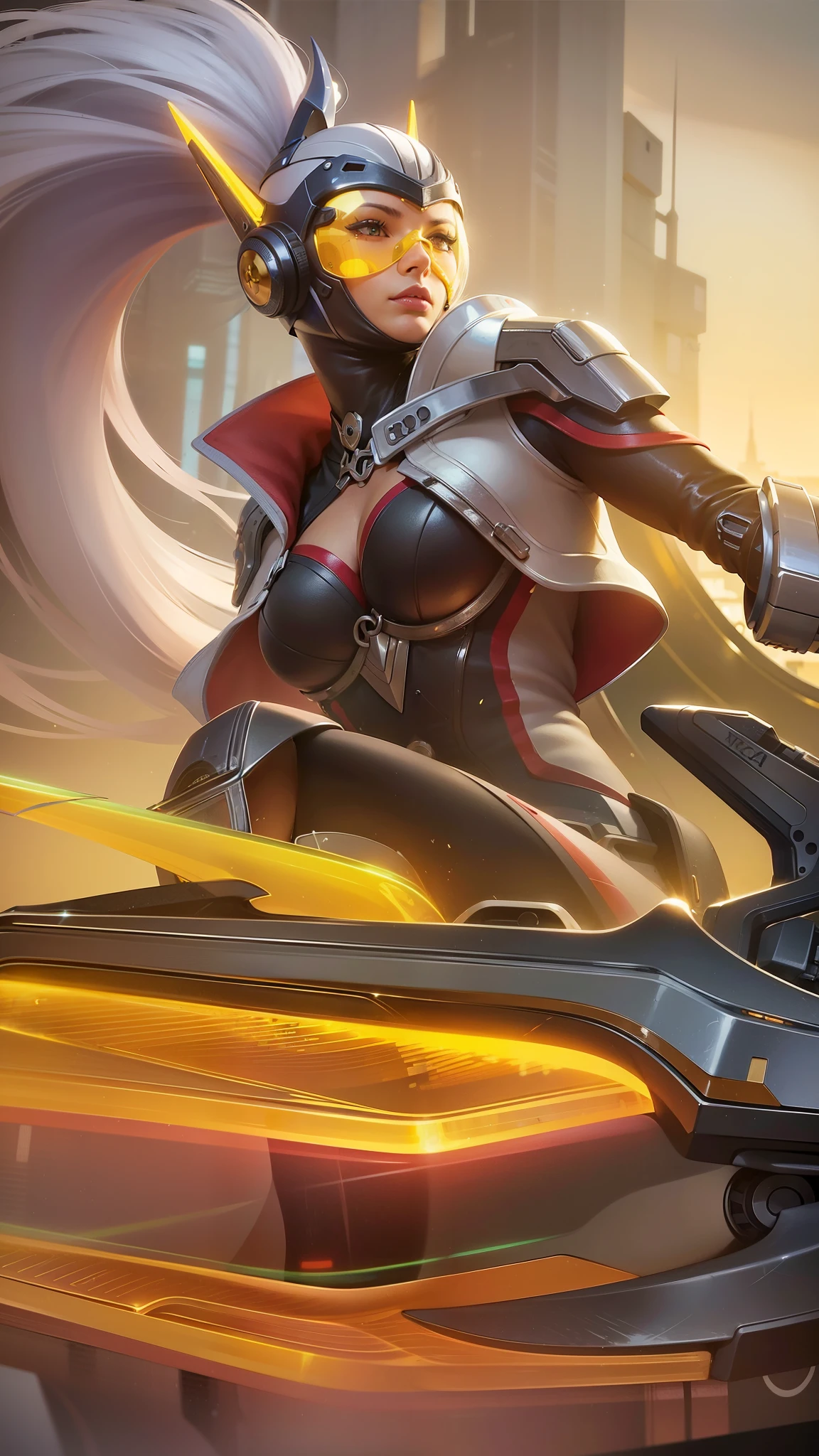 arafed image of a woman in a futuristic outfit riding a motorcycle, official splash art, ashe, phone wallpaper, mobile wallpaper, ig model | artgerm, extremely detailed artgerm, irelia, phone background, wallpaper splash art promo art, character splash art, splash art, iconic character splash art, style artgerm, katarina