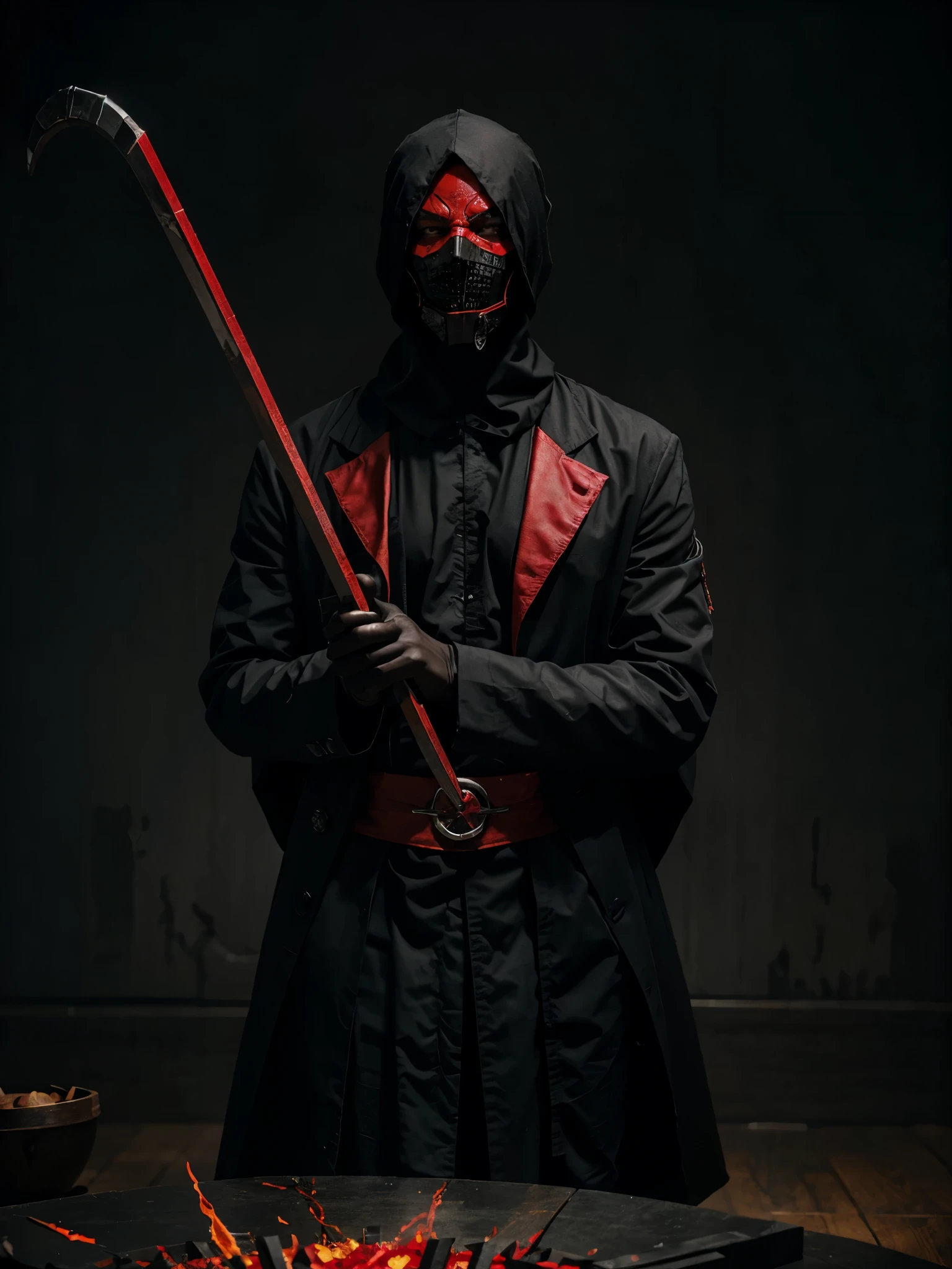 An avatar of a villain in a black mask using a red scythe with magic being released from the scythe in a war