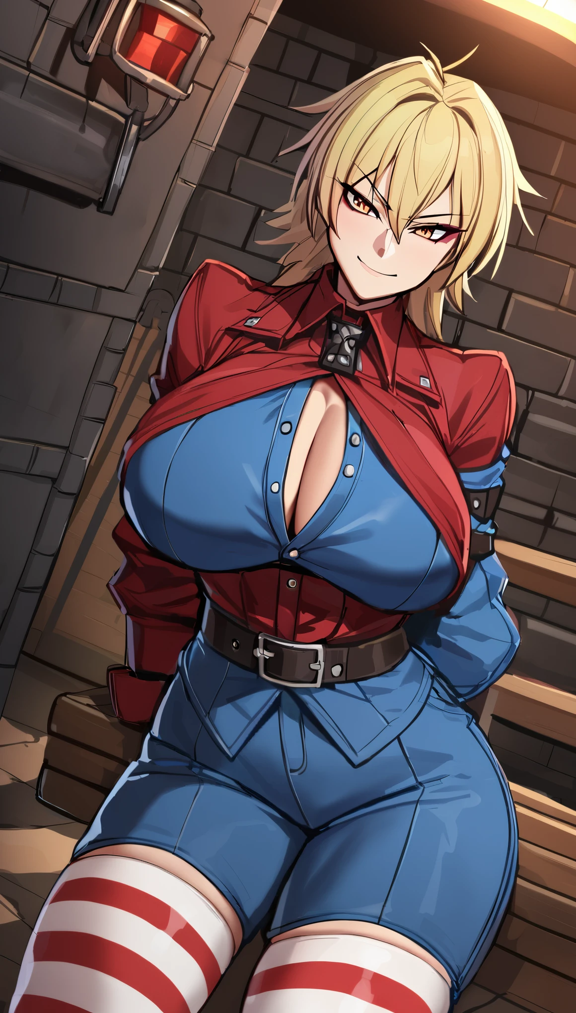 Hellsing ultimate, 1girl, front view, gigantic tits, blue jumpsuit, jumpsuit, d, striped thighhighs, red thighhighs, dutch angle, best quality, amazing quality, very aesthetic, absurdres, blonde hair, seras victoria, hellsing, seras, arms behind back, smug, indoors, solo, solo focus,  BDSM dungeon room, BDSM dungeon, dungeon room, BDSM equipment, sex dungeon 