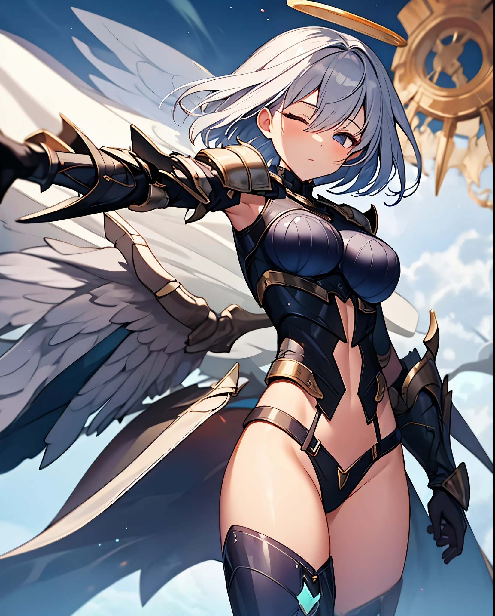 fantasy, 1angel_girl,_teen,lver_hair, short_hair, long_bangs, halo,bare_shoulder,thighhighs,silver_armor, waist_armor, large_breasts,sleepy,half_eyes,1pair_wings, dynamic_pose_fighting,floating, bare_crotch, headgear,gauntlet, greaves,city_background,slightly_spread_legs, solo, groin_naked,