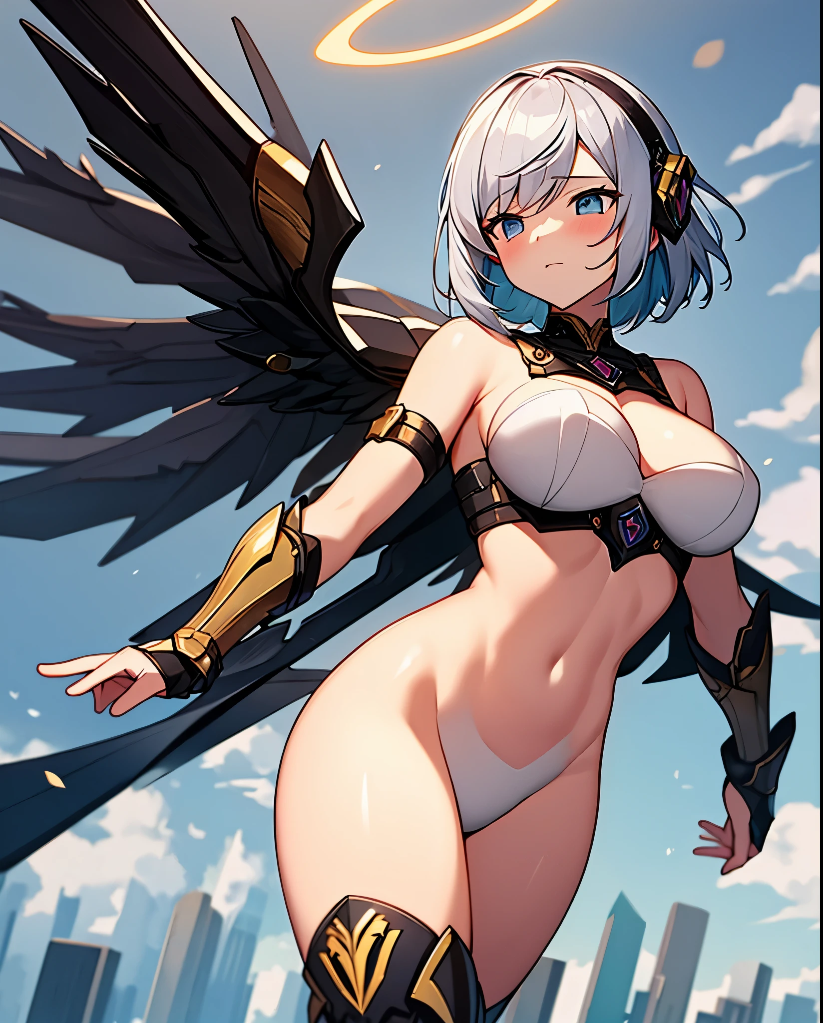 fantasy, 1angel_girl,_teen,lver_hair, short_hair, long_bangs, halo,bare_shoulder,thighhighs,silver_armor, waist_armor, large_breasts,sleepy,half_eyes,1pair_wings, dynamic_pose_fighting,floating, bare_crotch, headgear,gauntlet, greaves,city_background,slightly_spread_legs, solo, groin_naked,