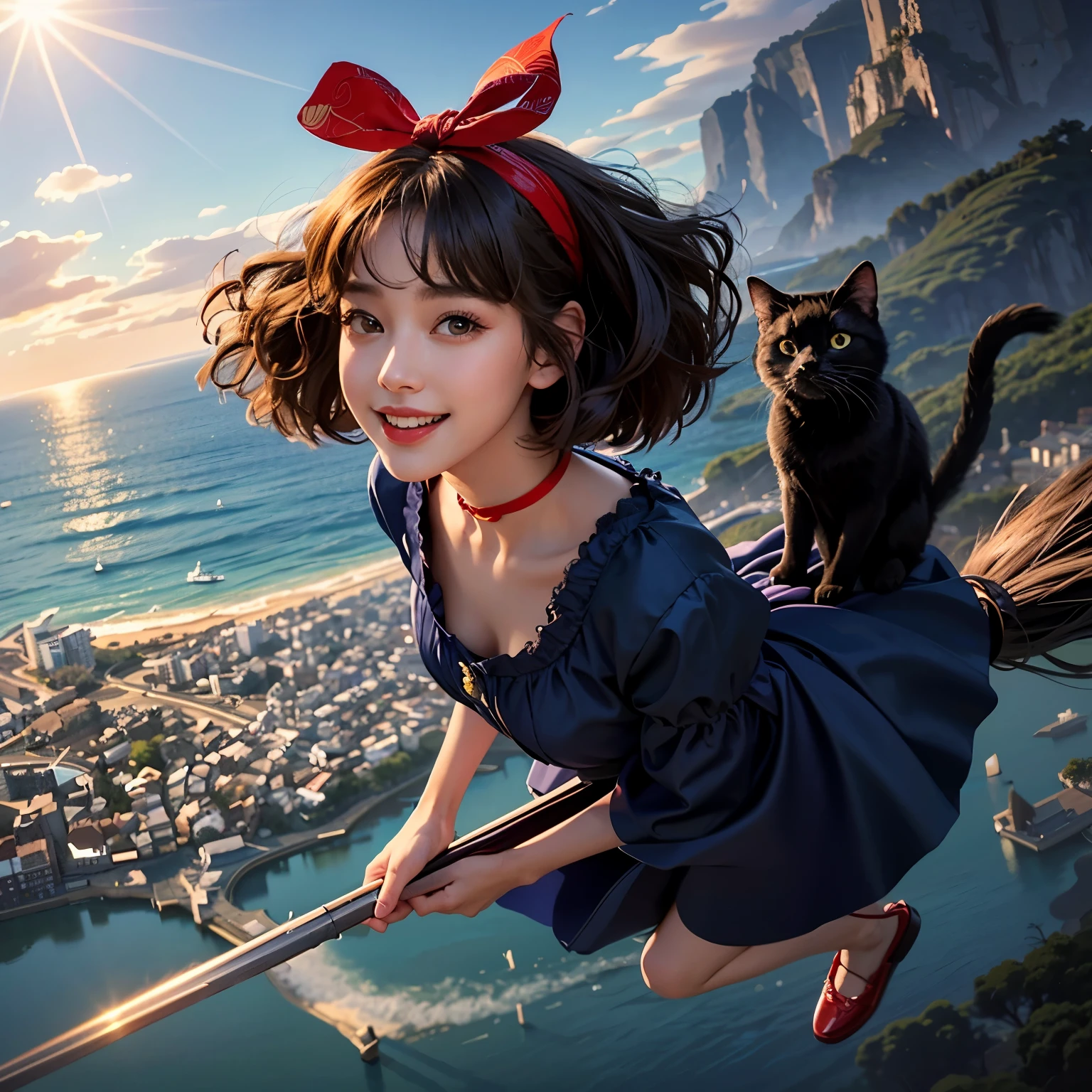Highest image quality,（8k，RAW photo），（best quality），（master piece），（Realistic，）（写実的でRealistic），（High resolution），hyper detail，Profile image of a woman flying on a broom with a black cat, Fly on a broom, broom handle, sky witch, (highest quality)), ((masterpiece)), (be familiar with), perfect face,A 23-year-old pretty woman with unparalleled beauty,bob hair、She wears a red ribbon headband on her head..、The ends of the hair are curled upwards、navy blue dress、wearing red loafers,smile,You can see the sea and the city,sunshine