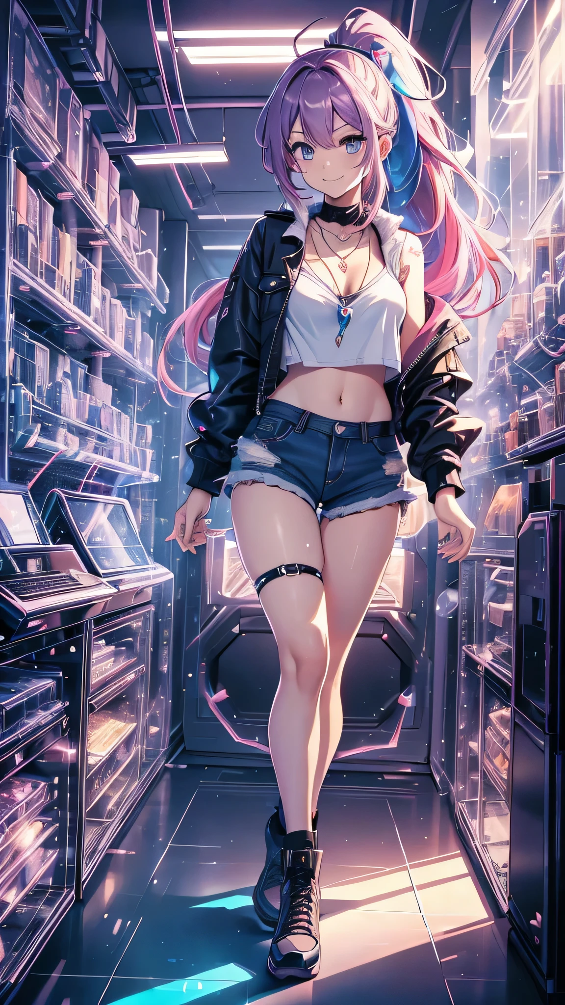 最high quality、best image quality、masterpiece、girl((20-year-old、 By becoming、vest bust、medium bust,wide open breast tea、shining eyes, neon hair、long hair、thin,highest valley、ponytail、Damaged Denim Shorts、black navel shirt、Damaged Denim Jacket、smile、full body tattoo,diamond earrings、Wristband、necklace、drink energy drink、leaning forward、elation)),high quality、beautiful art、background((Hacker Room、server room、neon lighting、computer stand、Laptop))、Flight、debris flies、Depth of written boundary、movie、visual art、perfect art、8k,genuine、