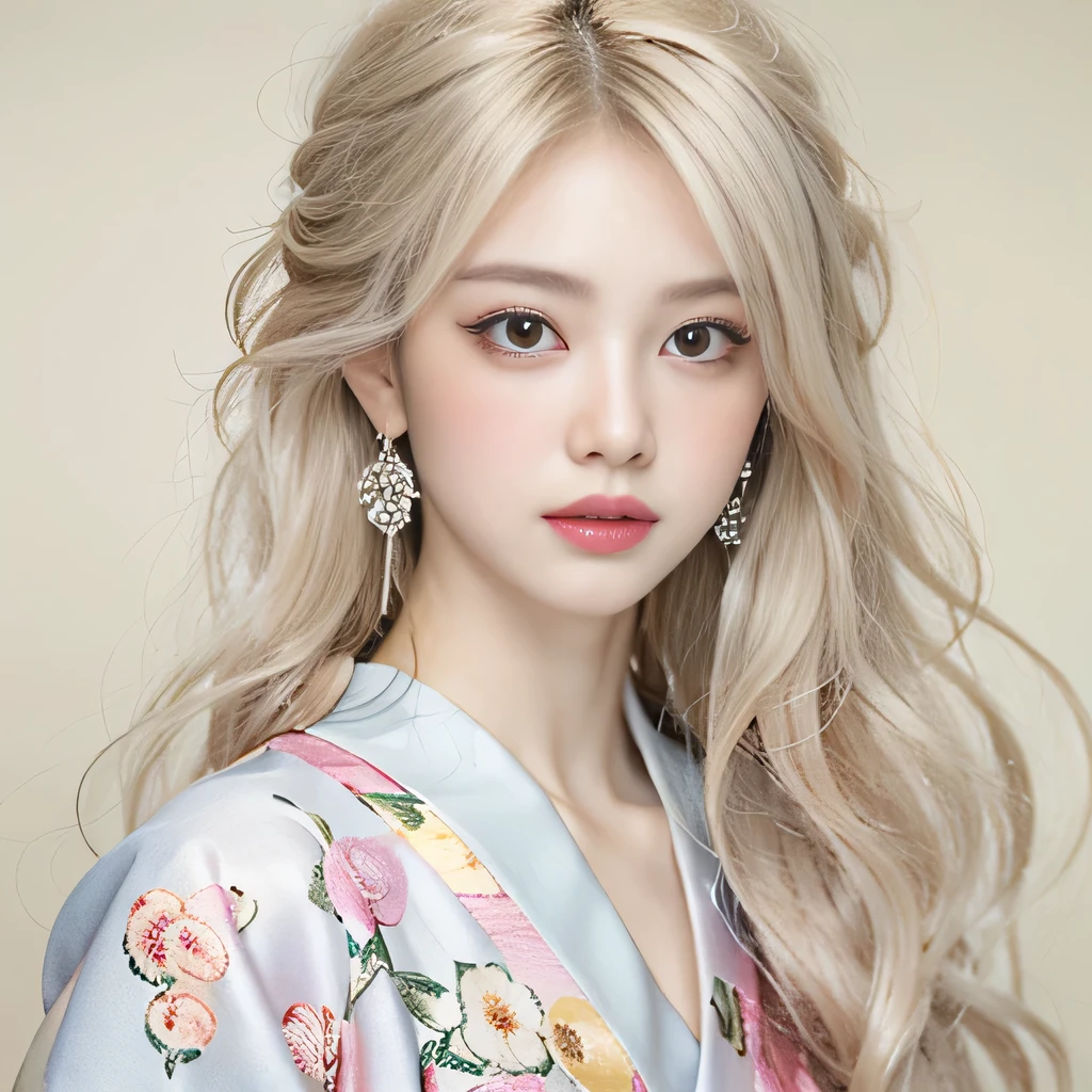 （8k）、（best image quality:1.5）、gray background、close up of face、１girl、masterpiece、delicate and sharp eyes、brown eyes、eye power、delicate face、cup、fascinating face、platinum blonde hair、Semi-long wave、japanese kimono、white kimono、Kimono with visible collarbone、gal、Emphasis on the clavicle、earrings、