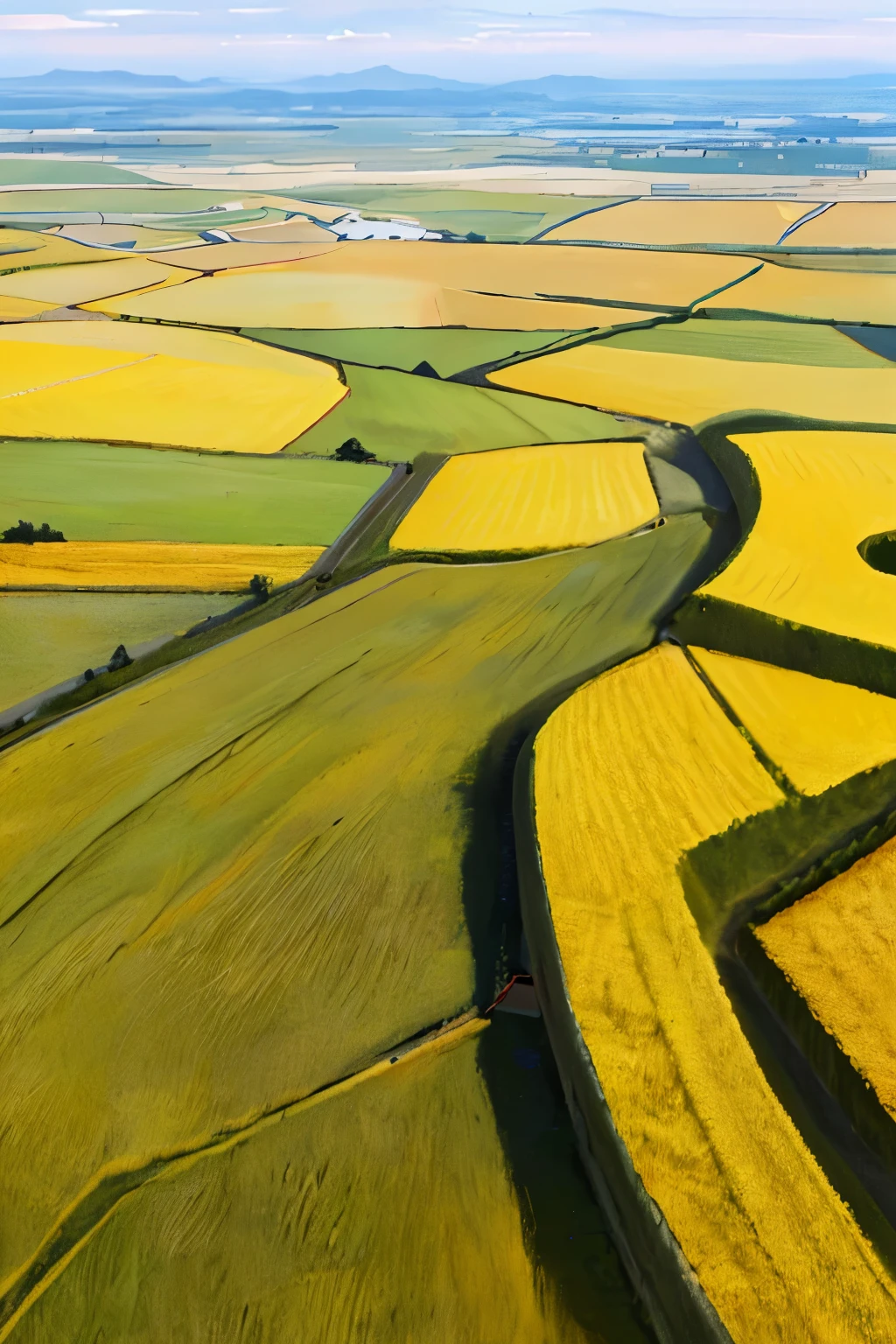 Amidst the vast expanse of rural China, a captivating photograph unfolds the beauty of rapeseed fields in full bloom. With golden flowers as far as the eye can see, the landscape is painted in hues of yellow and green. The sun casts long shadows over the undulating terrain, highlighting the intricate patterns formed by the winding rows of crops. The gentle breeze rustles the leaves, creating a mesmerizing symphony of rustling sounds that add to the serenity of the scene. The endless fields stretch towards the horizon, merging with the distant skyline, providing a breathtaking view of nature's grandeur.