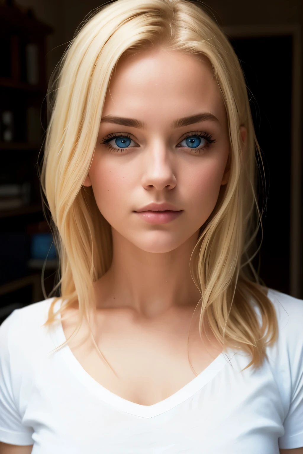 A young woman with blonde hair and captivating blue eyes is the central figure in this photo. She is wearing a simple white t-shirt, which clings to her figure. The indoor setting is dimly lit, creating a mysterious and intriguing atmosphere. The woman gazes directly at the camera with a serious expression, making it a frontal view, medium shot. The background is softly focused, adding to the casual style of the portrait. The lighting in the room is warm and natural, accentuating her natural makeup. This single portrait exudes an air of intimacy and introspection. The image is taken using a high-quality camera with precise focus and detail, resulting in a crisp and clear visual representation