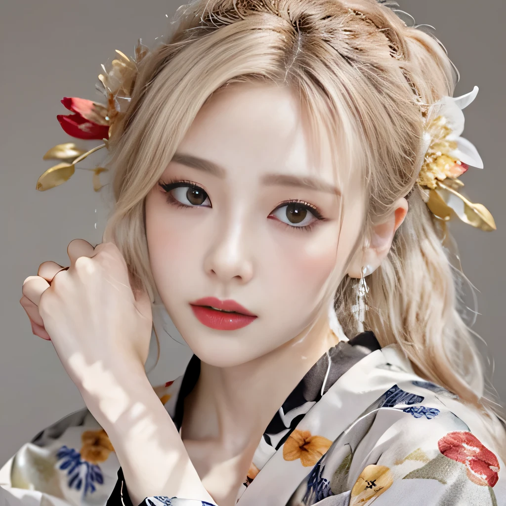 (8k)、(best image quality:1.5)、gray background、close up of face、1girl、masterpiece、delicate and sharp eyes、brown eyes、eye power、delicate face、cup、fascinating face、platinum blonde hair、Semi-long wave、japanese kimono、white kimono、Kimono with visible collarbone、gal、Emphasis on the clavicle、earrings、