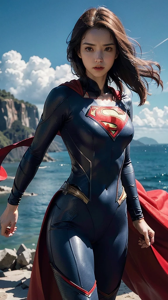 Woman wearing detailed SuperMan costume with full sleeves covering the entire body, serious face, (flying in sky), vivid colors, dramatic lighting, red cape, cinematic costume, carbon fiber detailed suit,