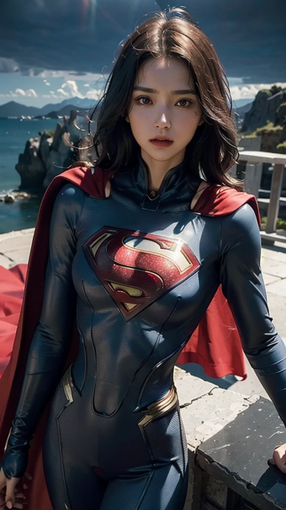 Woman wearing detailed SuperMan costume with full sleeves covering the entire body, serious face, (flying in sky), vivid colors, dramatic lighting, red cape, cinematic costume, carbon fiber detailed suit,