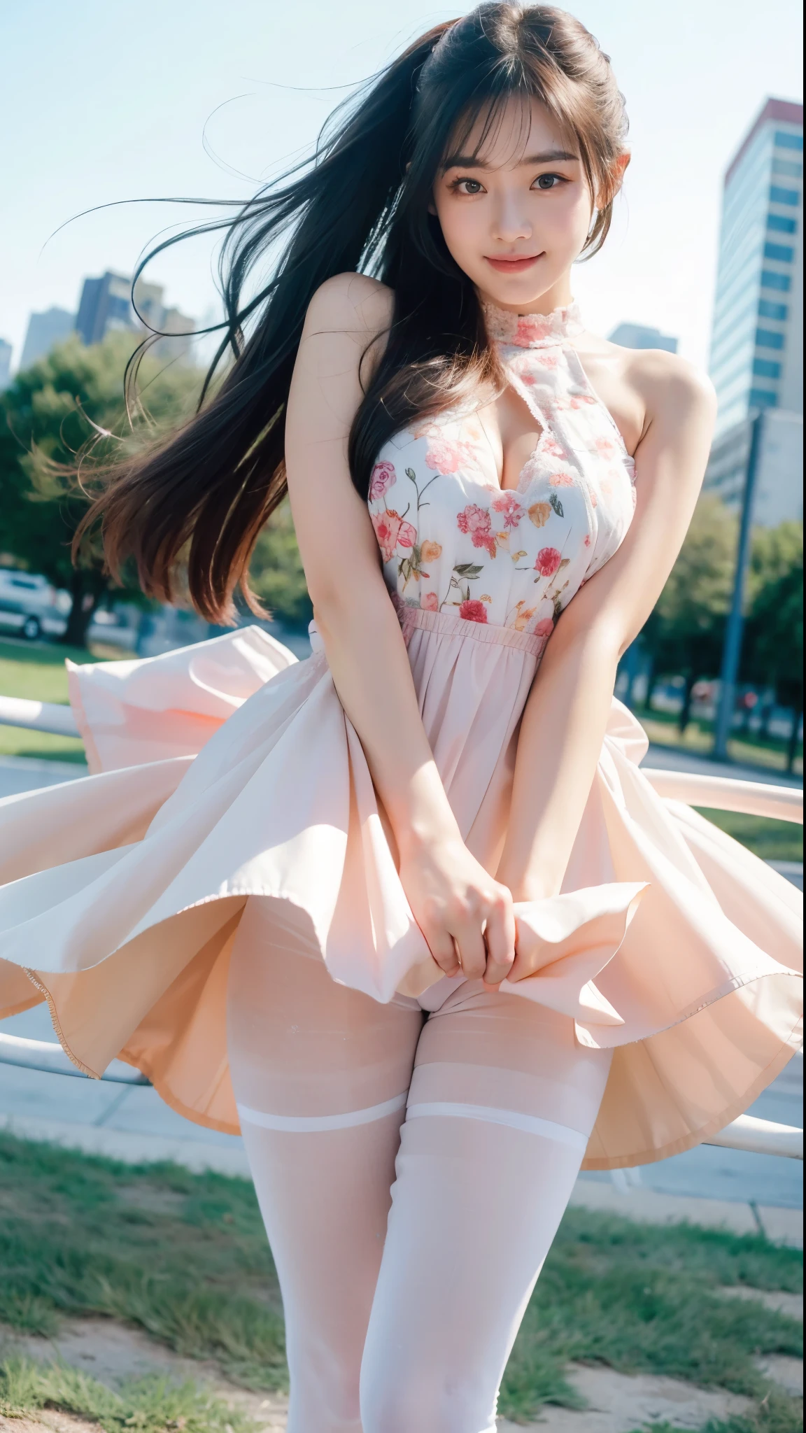 (best quality, masterpiece: 1.1), (actual: 1.4), Beautiful is riding on a pink squid, divine thunder, teenager, silver short hair, blue eyes, whole body, from below, hourglass body shape, fly over the park, Crystal AI, Fractal art, splash