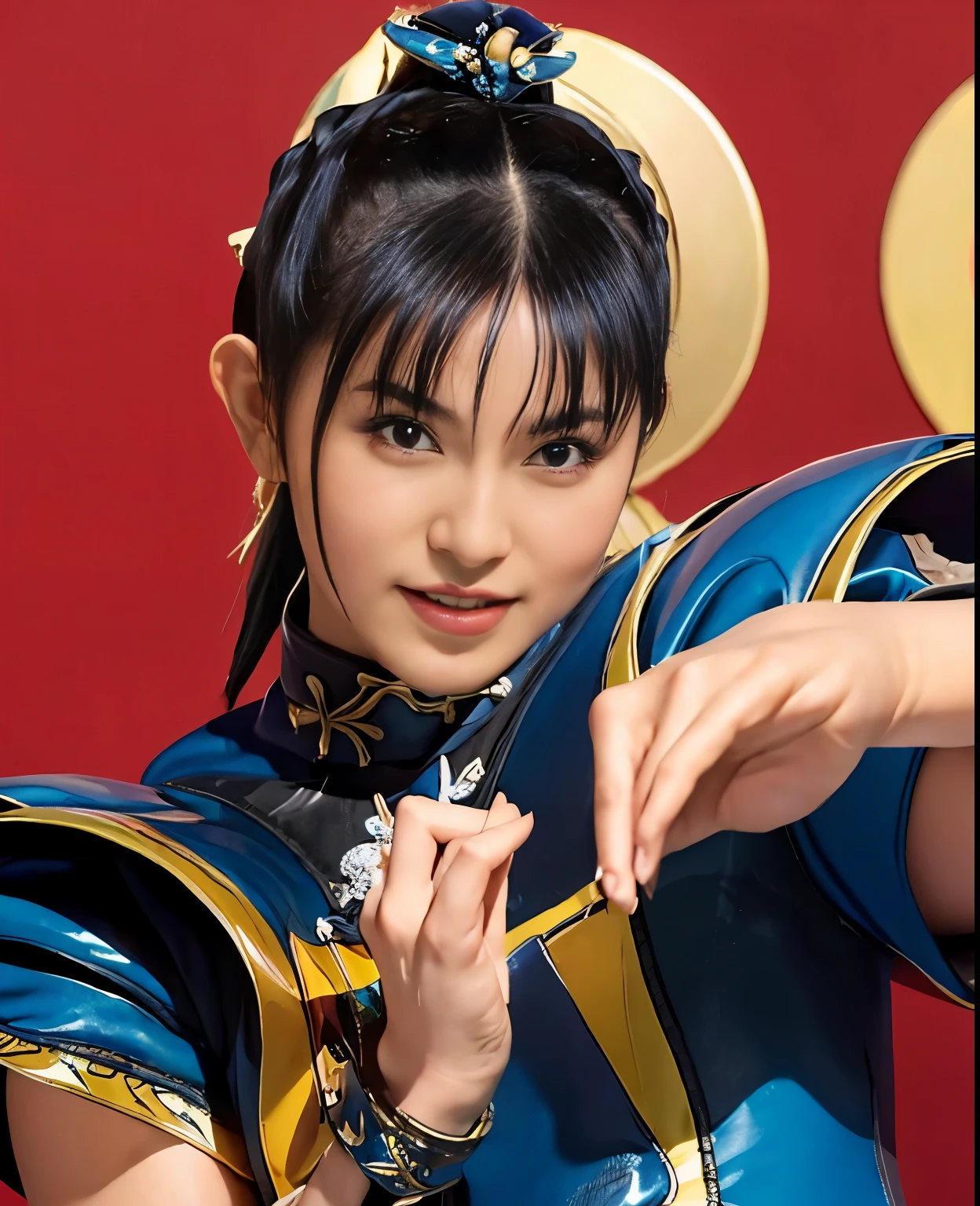 (highest quality:1.2),(perfect beautiful face:1.2),(perfect and beautiful posture:1.2),(japanese woman:1.1), twin tail hair,dancing in the arena, smile, (Chunky muscular body:1.2),Ultra-high precision photos,clear eyes,  (ChunLi,:1.3)