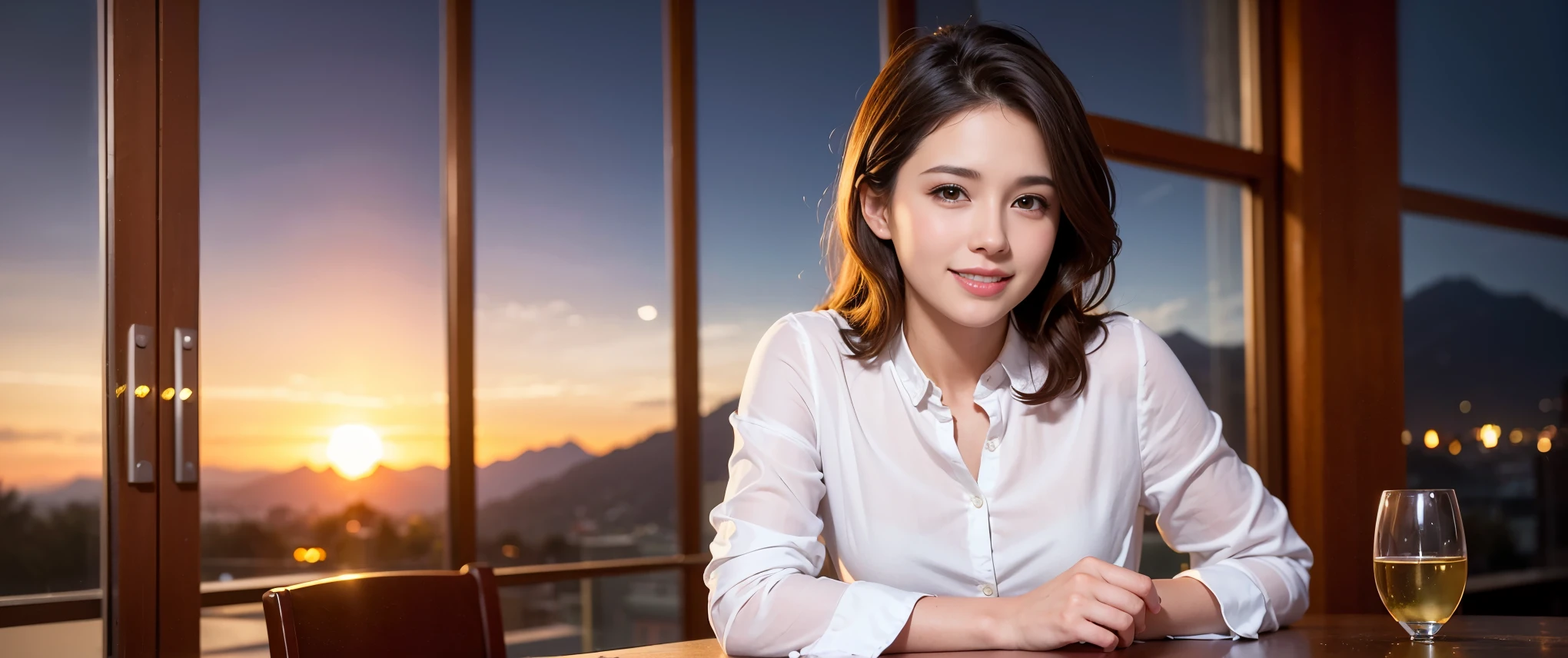 64k, Hmm, highest quality, masterpiece: 1.2), (realistic, photorealistic: 1.37), Spectacular view of the sunset sky and clouds、Amazing mountain views、3 slim beauties, (slim face),Happy、 the best smile、Fox face、Berry Short、(because I'thin), (brown hair), (shortcut), long sleeve shirt、winter fashion、Colombian、Brazilian、Japanese、Dutch、German、Portuguese、Belgian、Italian、French,Champagne、sparkling wine、 (gush out), (slim body), (brown hair), (shortcut), neat beauty、cheeks turn a little red, (35 years old), 38 years old, alone, A beautiful and detailed night view spreads out outside the window...., restaurant, wine glass is sitting, At night, in a prominent place (from the Upper body) nova frog style, actress, model, Upper body, White wine, slim, wine glass, Very beautiful night view, wine glass Put in the Middle, Happy smile, (smile: 1.15),