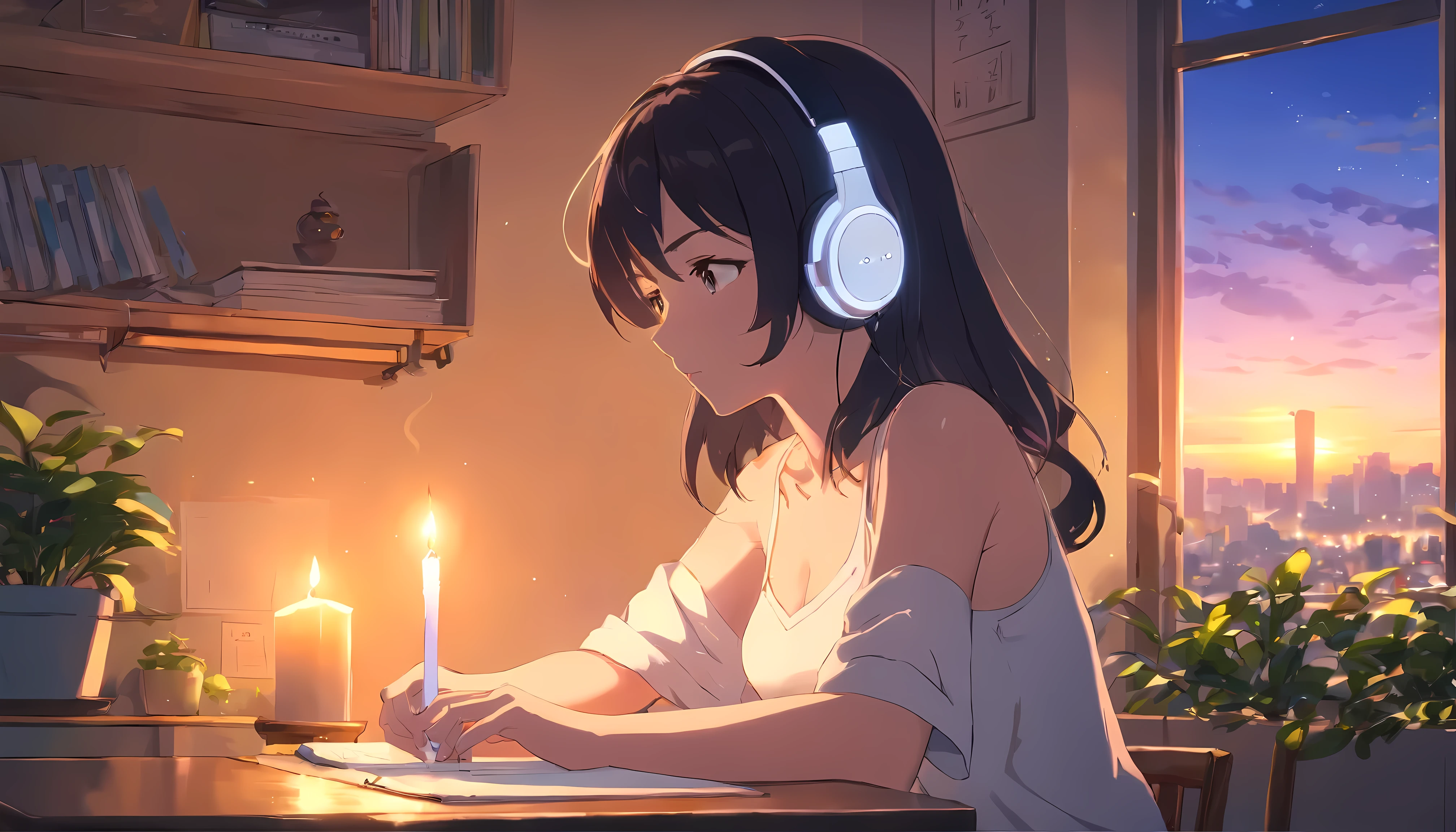 anime girl wearing White headphoness, looking at candles, black hair, 22 years ago, Tank top, exposed cleavage, big breasts F cup, expose one's skin, lofi girl anime atmosphere, Lofiatostyle, anime style 4k, anime aesthetics, Nightcore, Lofi feeling, Lofiato, anime art wallpaper 4k, anime wallpaper 4k, Lo-fi atmosphere, study, plants in the room, I have a pen, write in notebook, Mug on the table, lit candle on the table, City view, sunrise, White headphones, anime style, cinematic lighting, Sony FE manager, masterpiece, highest quality, 4k