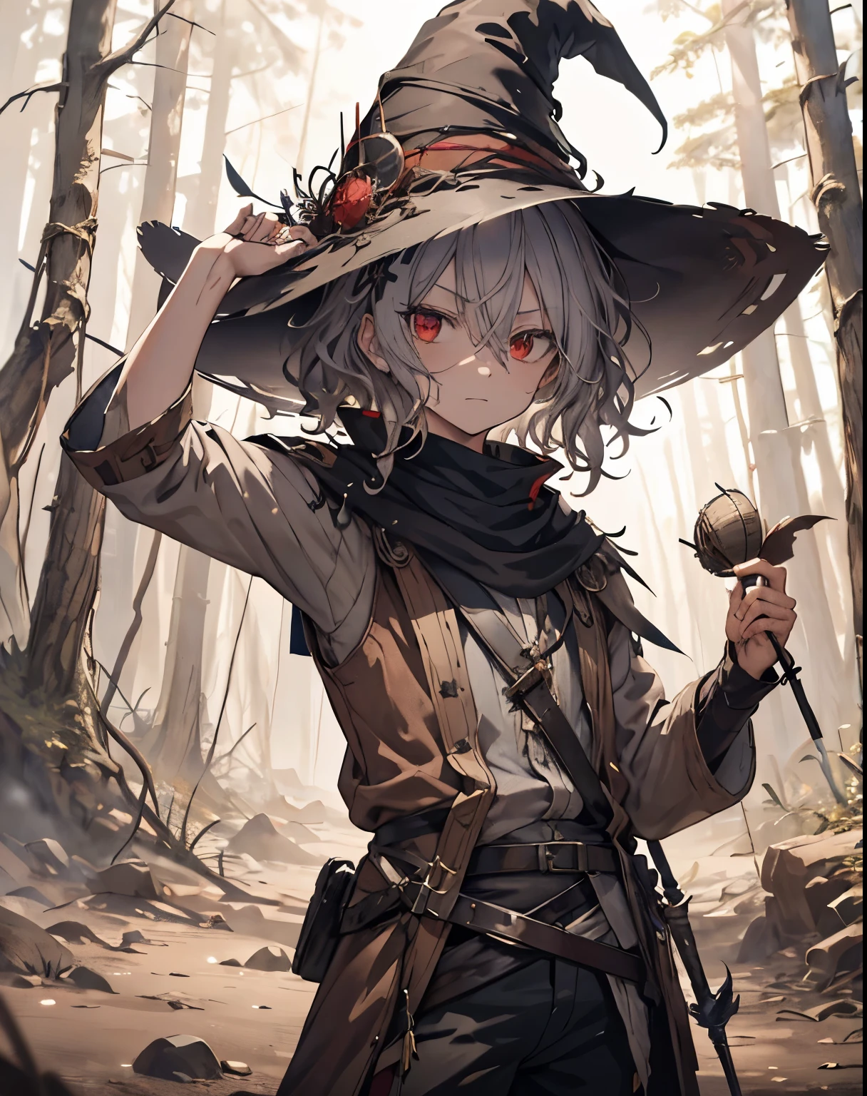 masterpiece, 1men, sparrow, a silver  haired men, wearing a medieval villager clothes, curly medium hair, messy hair, slim body, wearing adventurer clothes, he close her left eye, shirt ornament, angry expression, red eyes, stand at forest, ahoge, black wizard hat