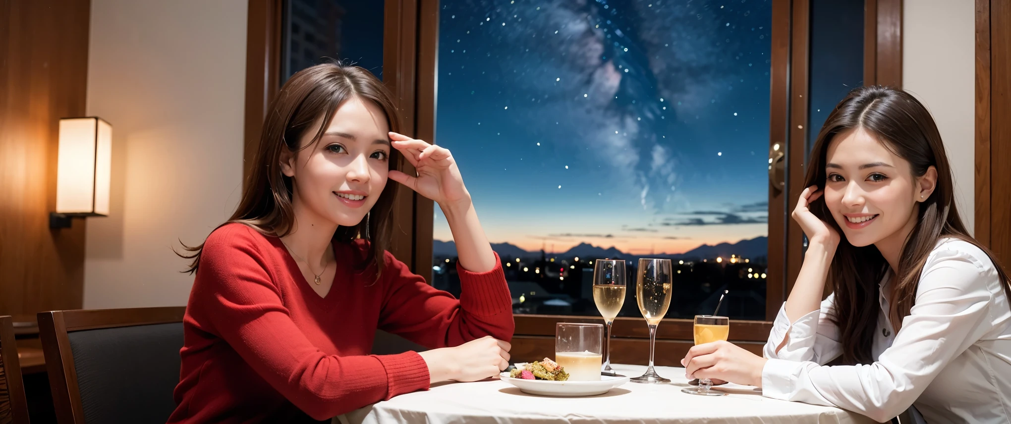 64k, Hmm, highest quality, masterpiece: 1.2), (realistic, photorealistic: 1.37), Spectacular view of the sunset sky and clouds、Amazing mountain views、3 slim beauties, (slim face),Happy、 the best smile、Fox face、Berry Short、(because I'thin), (brown hair), (shortcut), long sleeve shirt、winter fashion、Colombian、Brazilian、Japanese、Dutch、German、Portuguese、Belgian、Italian、French,Champagne、sparkling wine、 (gush out), (slim body), (brown hair), (shortcut), neat beauty、cheeks turn a little red, (35 years old), 38 years old, alone, A beautiful and detailed night view spreads out outside the window...., restaurant, wine glass is sitting, At night, in a prominent place (from the Upper body) nova frog style, actress, model, Upper body, White wine, slim, wine glass, Very beautiful night view, wine glass Put in the Middle, Happy smile, (smile: 1.15),