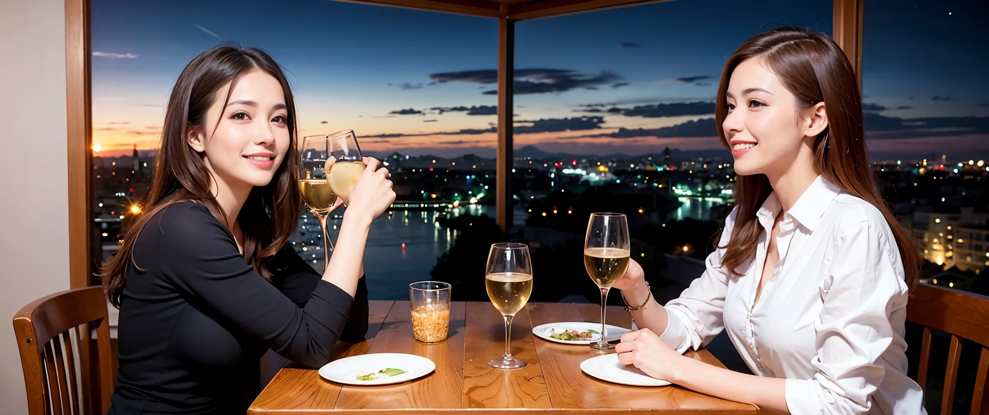 64k, Hmm, highest quality, masterpiece: 1.2), (realistic, photorealistic: 1.37), Spectacular view of the sunset sky and clouds、Amazing mountain views、3 slim beauties, (slim face),Happy、 the best smile、Fox face、Berry Short、(because I'thin), (brown hair), (shortcut), long sleeve shirt、winter fashion、Colombian、Brazilian、Japanese、Dutch、German、Portuguese、Belgian、Italian、French,Champagne、sparkling wine、 (gush out), (slim body), (brown hair), (shortcut), neat beauty、cheeks turn a little red, (35 years old), 38 years old, alone, A beautiful and detailed night view spreads out outside the window...., restaurant, wine glass is sitting, At night, in a prominent place (from the Upper body) nova frog style, actress, model, Upper body, White wine, slim, wine glass, Very beautiful night view, wine glass Put in the Middle, Happy smile, (smile: 1.15),