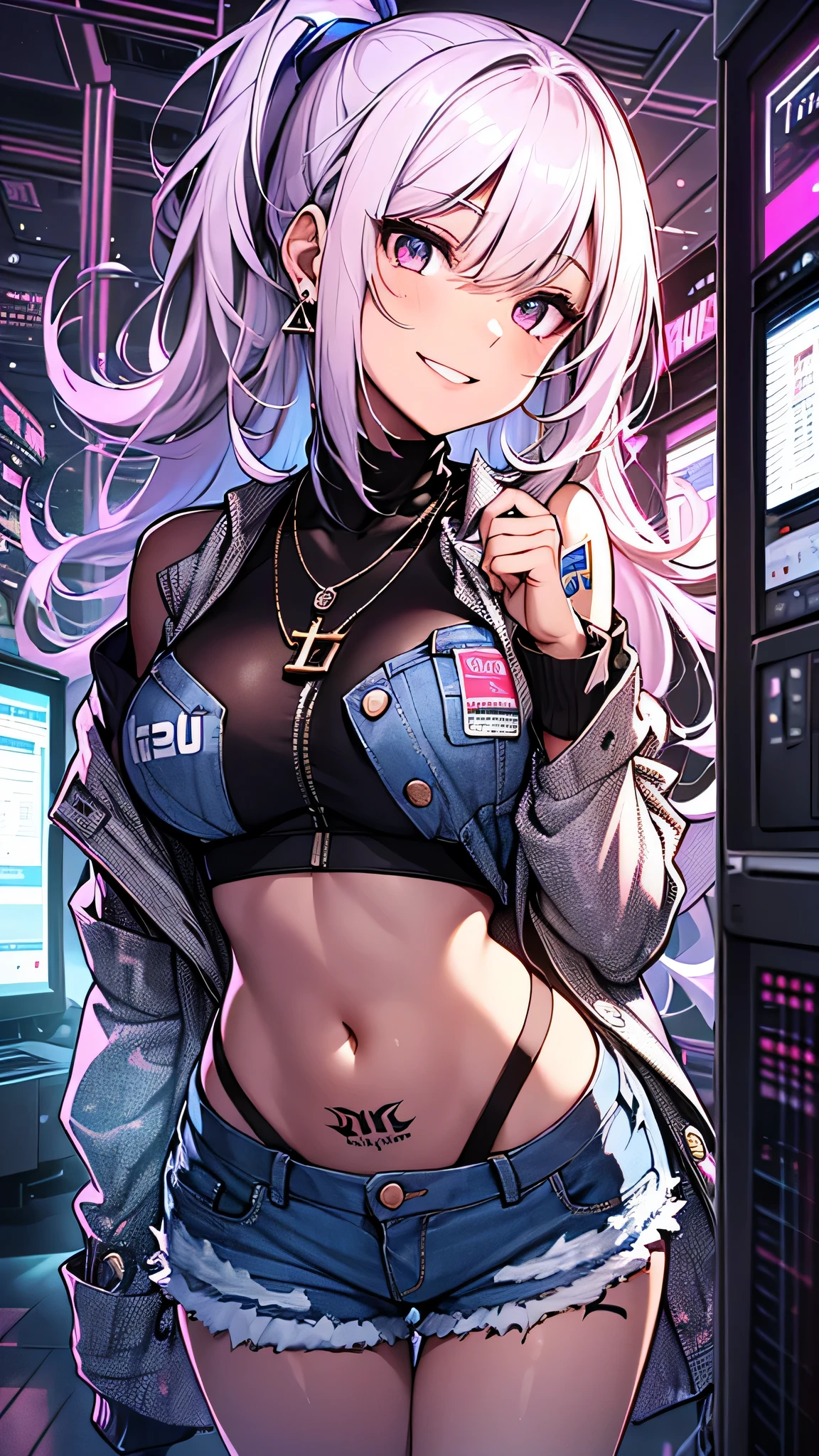 masterpiece, Highest quality, whole body, One girl, bangs, black choker, blush, bracelet, chest, choker, clothes The surrounding area waist, clavicle, Cowboy Shot, ear Earrings, Eyebrows visible through hair, Gradient Hair, Grin, fix, jewelry, Kogal, Long Hair, View Viewer, Earrings, Red eyes, ring, , smile, alone, street, null, cherry blossoms, petal,figure, (magazine:1.3), (cover-style:1.3), fashionable, woman, Vibrant, Pause, front, colorful, dynamic, background, element, have confidence, Performance, Holding, statement, accessories, Majestic, Coiled, The surrounding area, touch, scene, article, cover, bold, to attract attention, title, stylish, font, Catchy, Heading, big, impressive, Modern, trend, concentrated, fashion,((masterpiece)), Highest quality, Absurd, Super detailed, Holographic, Cowboy Shot, ダイナミックなPause, Golden Ratio, Very cute girl, Mature Girls, Very beautiful, Super beautiful asian girl with super beautiful purple eyes, Very beautiful white hair, Shiny skin, High Ponytail, nice and sexy body, Slim and delicate body, Perfect body, Cute Panties, Fox Headset, Get your picture taken in a cute alien spaceship,naked,Big Breasts,Sexy