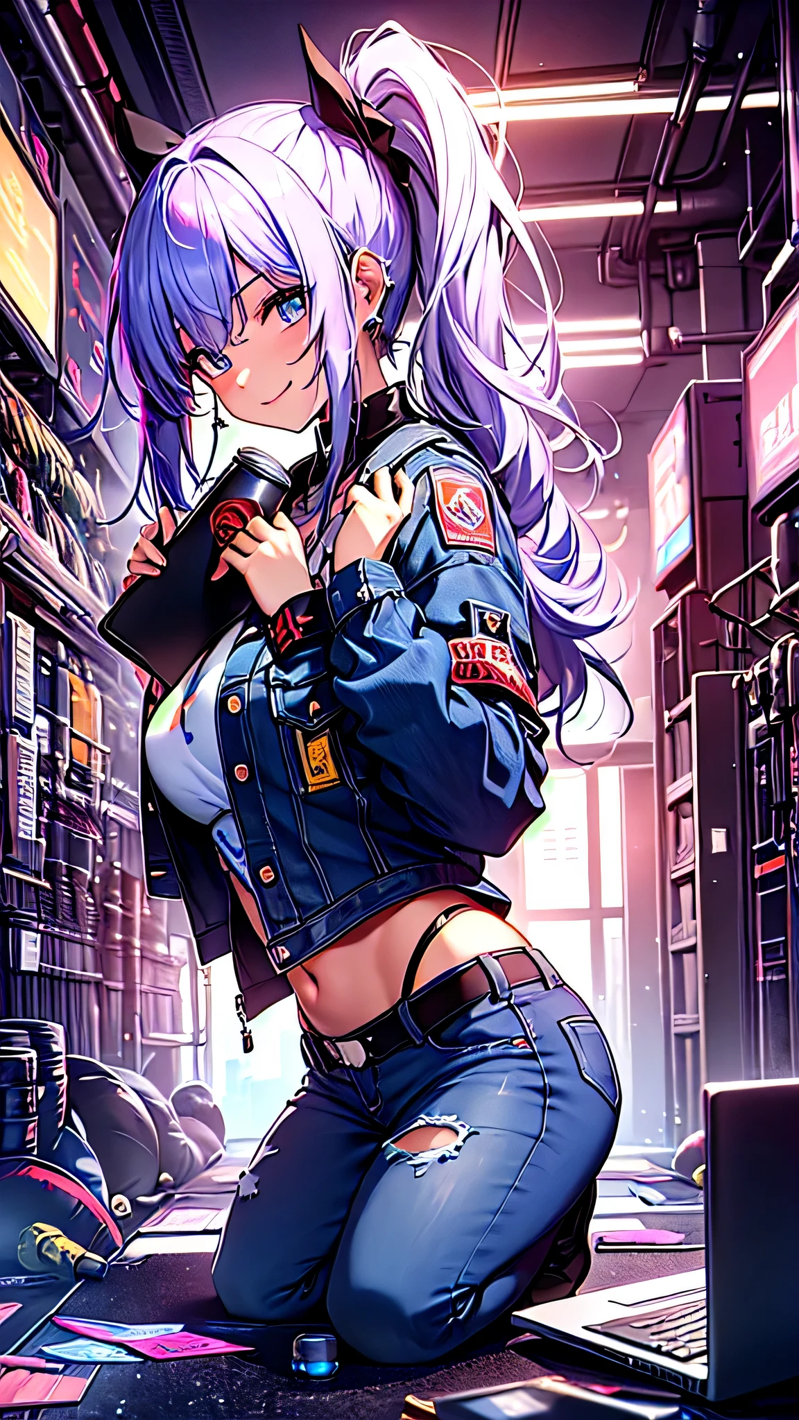 最high quality、best image quality、masterpiece、girl((20-year-old、 By becoming、vest bust、medium bust,wide open breast tea、shining eyes, neon hair、long hair、thin,highest valley、ponytail、Damaged Denim Shorts、black navel shirt、Damaged Denim Jacket、smile、full body tattoo,diamond earrings、Wristband、necklace、drink energy drink、leaning forward、elation)),high quality、beautiful art、background((Hacker Room、server room、neon lighting、computer stand、Laptop))、Flight、debris flies、Depth of written boundary、movie、visual art、perfect art、8k,genuine、